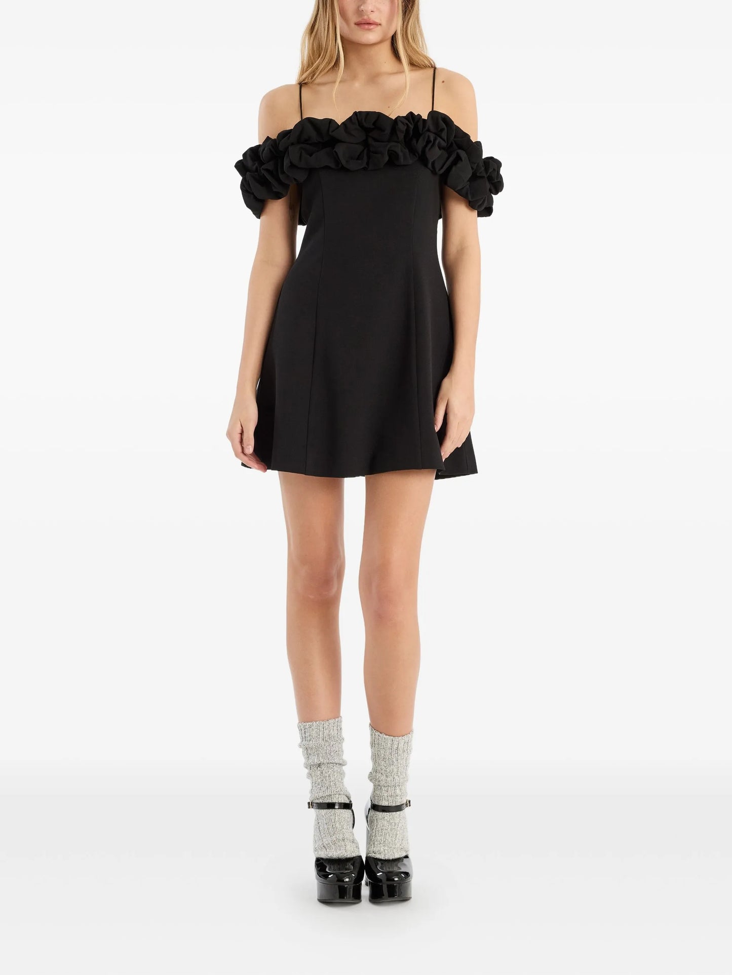 off-shoulder ruffled mini dress