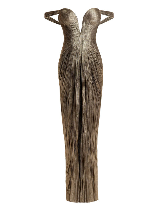 pleated off-shoulder maxi dress