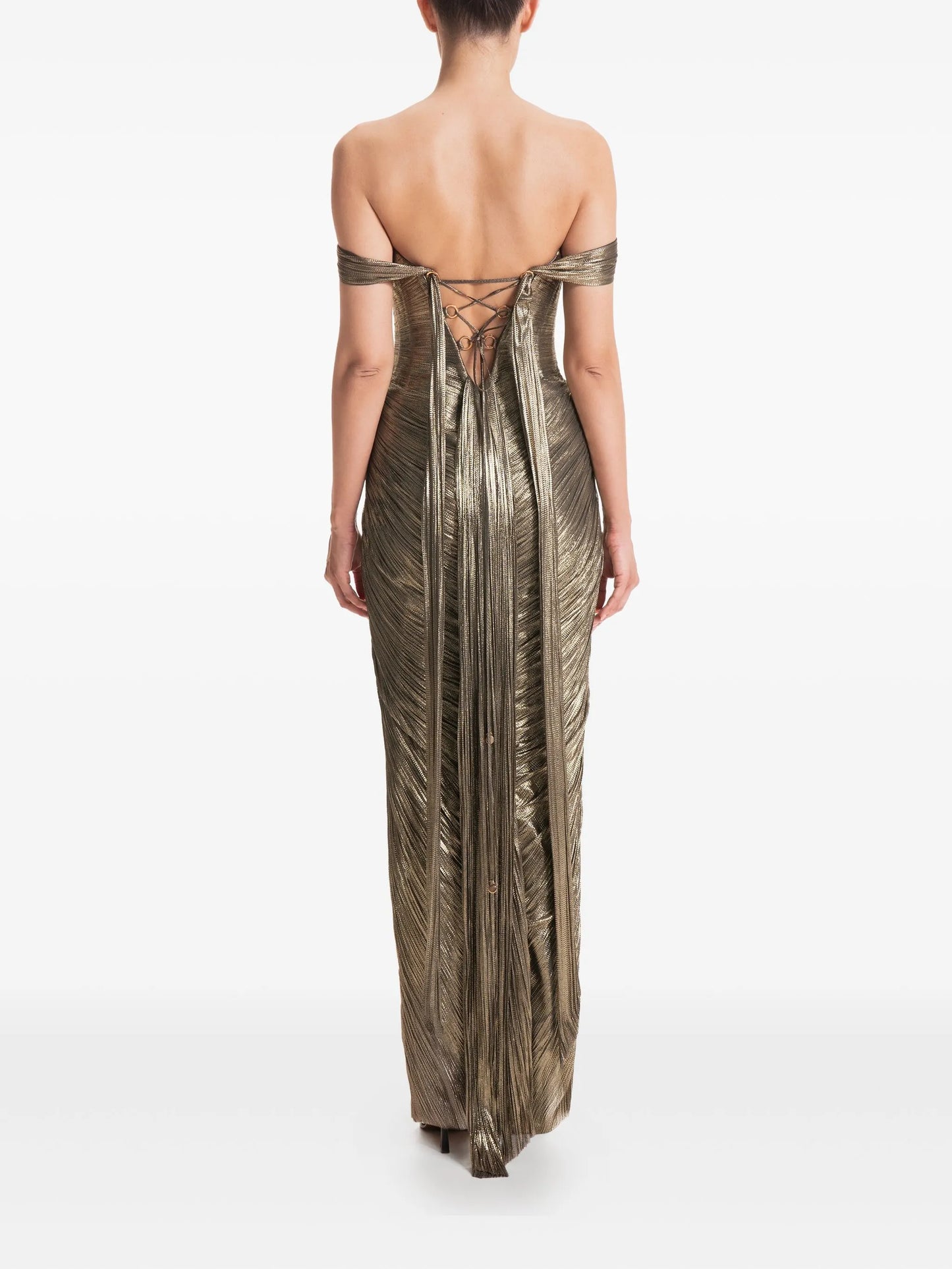 pleated off-shoulder maxi dress