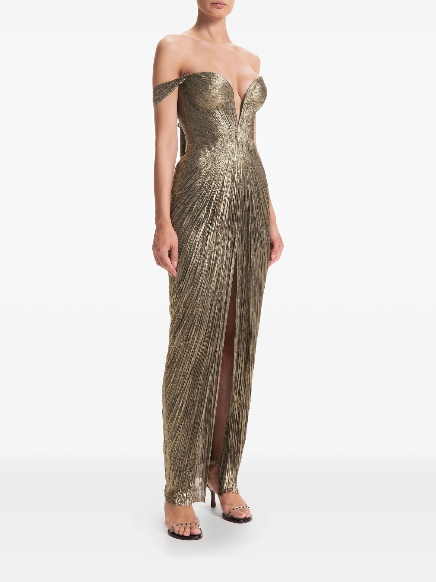 pleated off-shoulder maxi dress