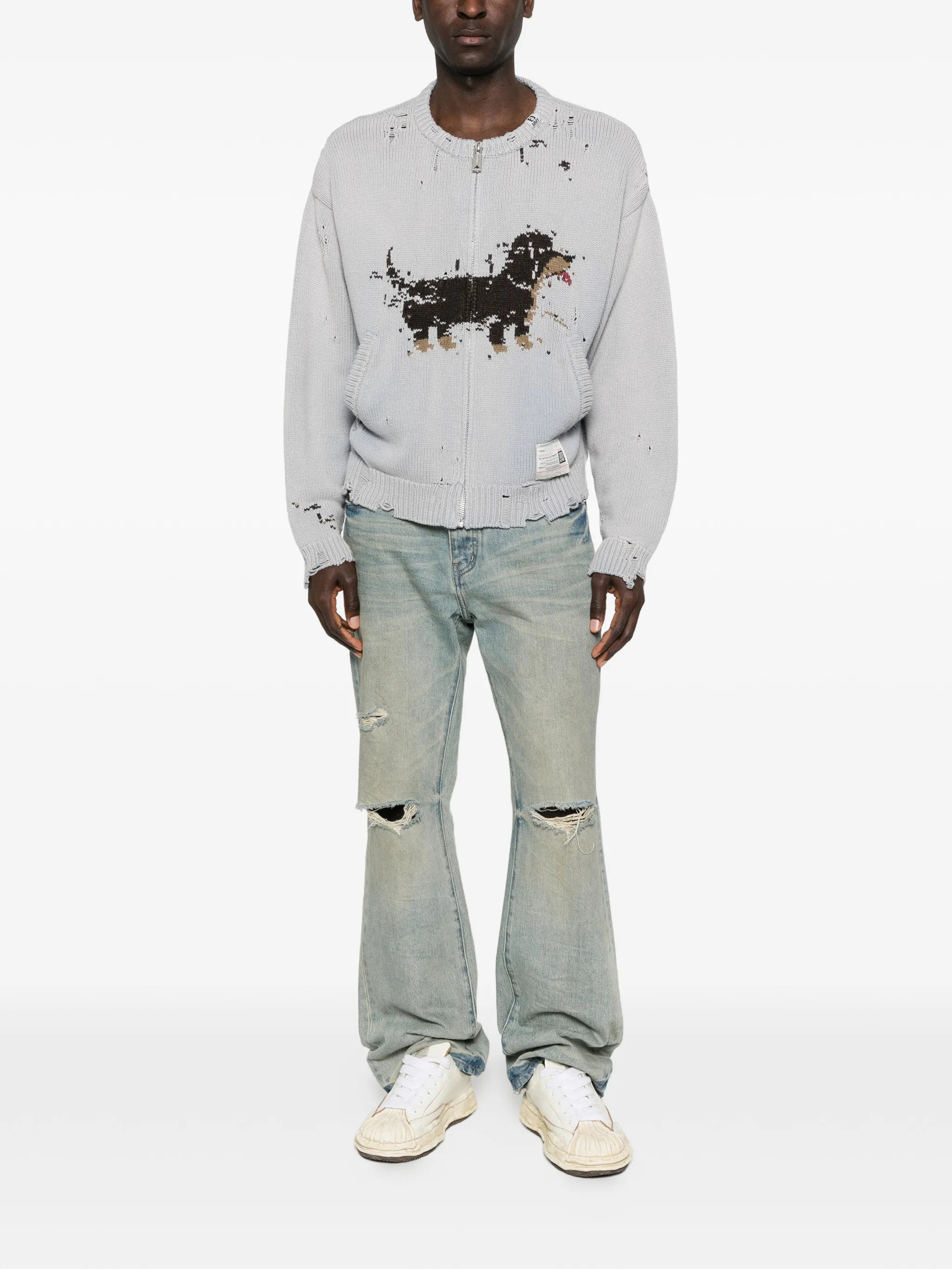 dog-jacquard distressed cardigan