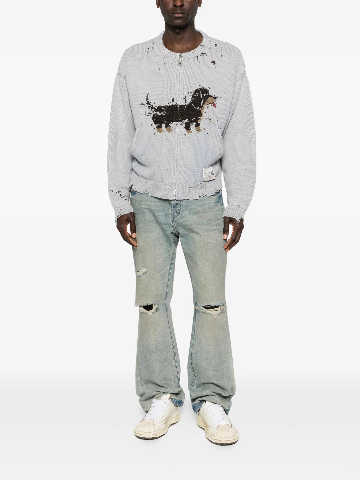 dog-jacquard distressed cardigan