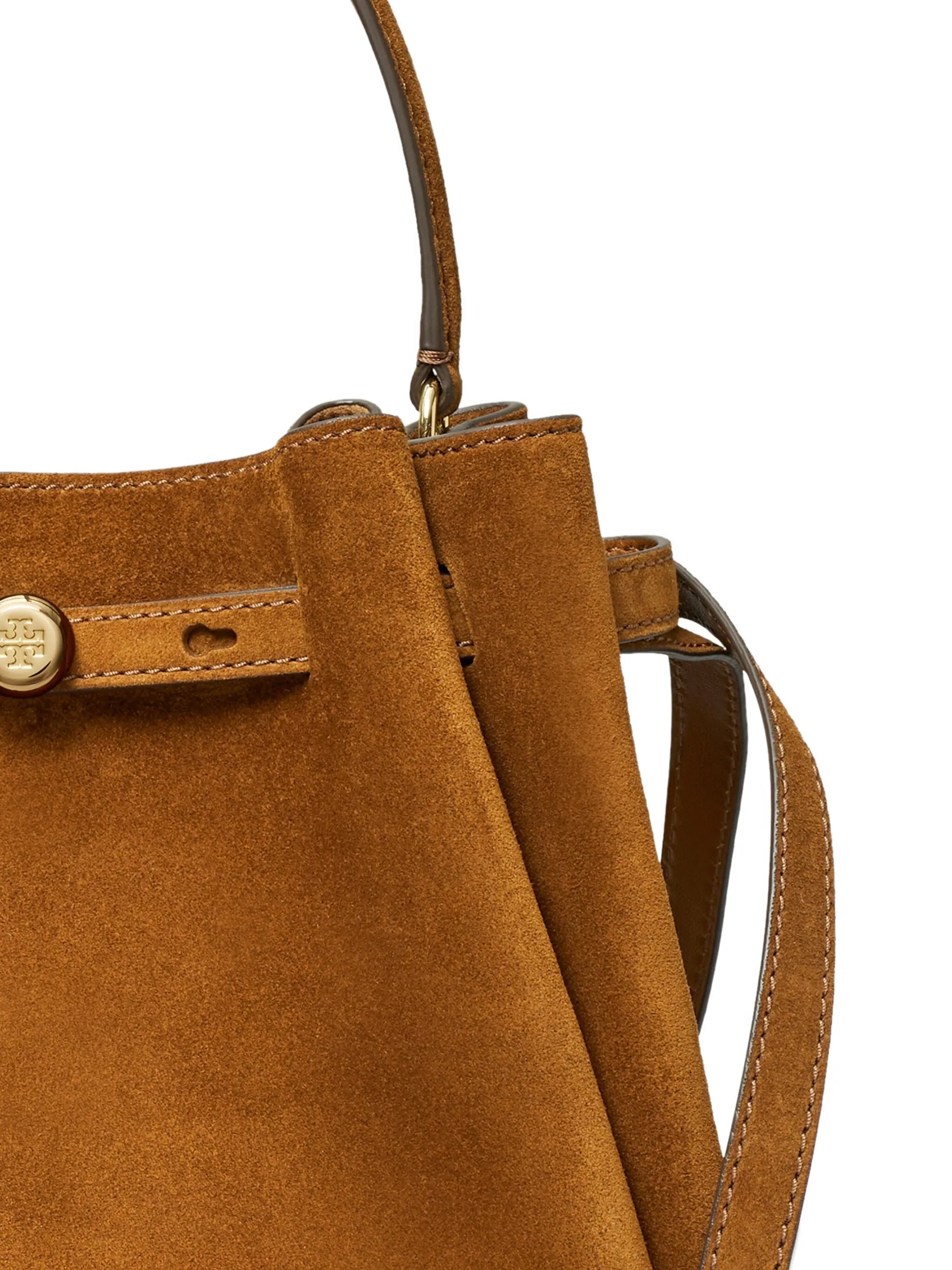 Romy logo-plaque suede bucket bag