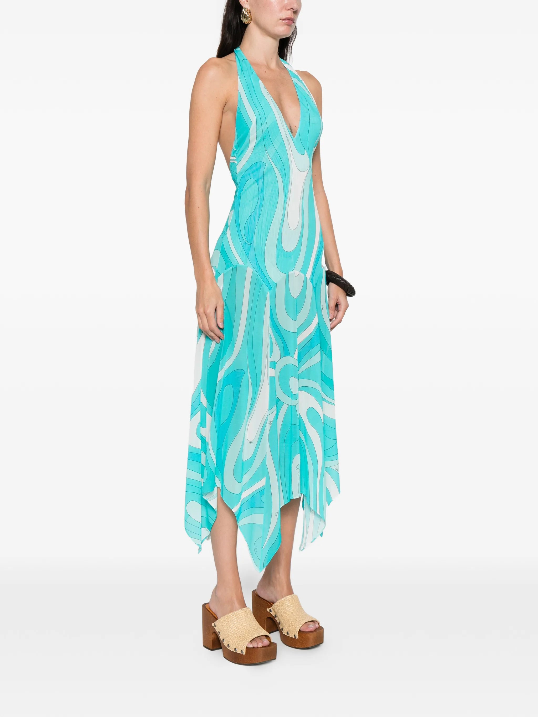 Marmo-print V-neck asymmetric dress