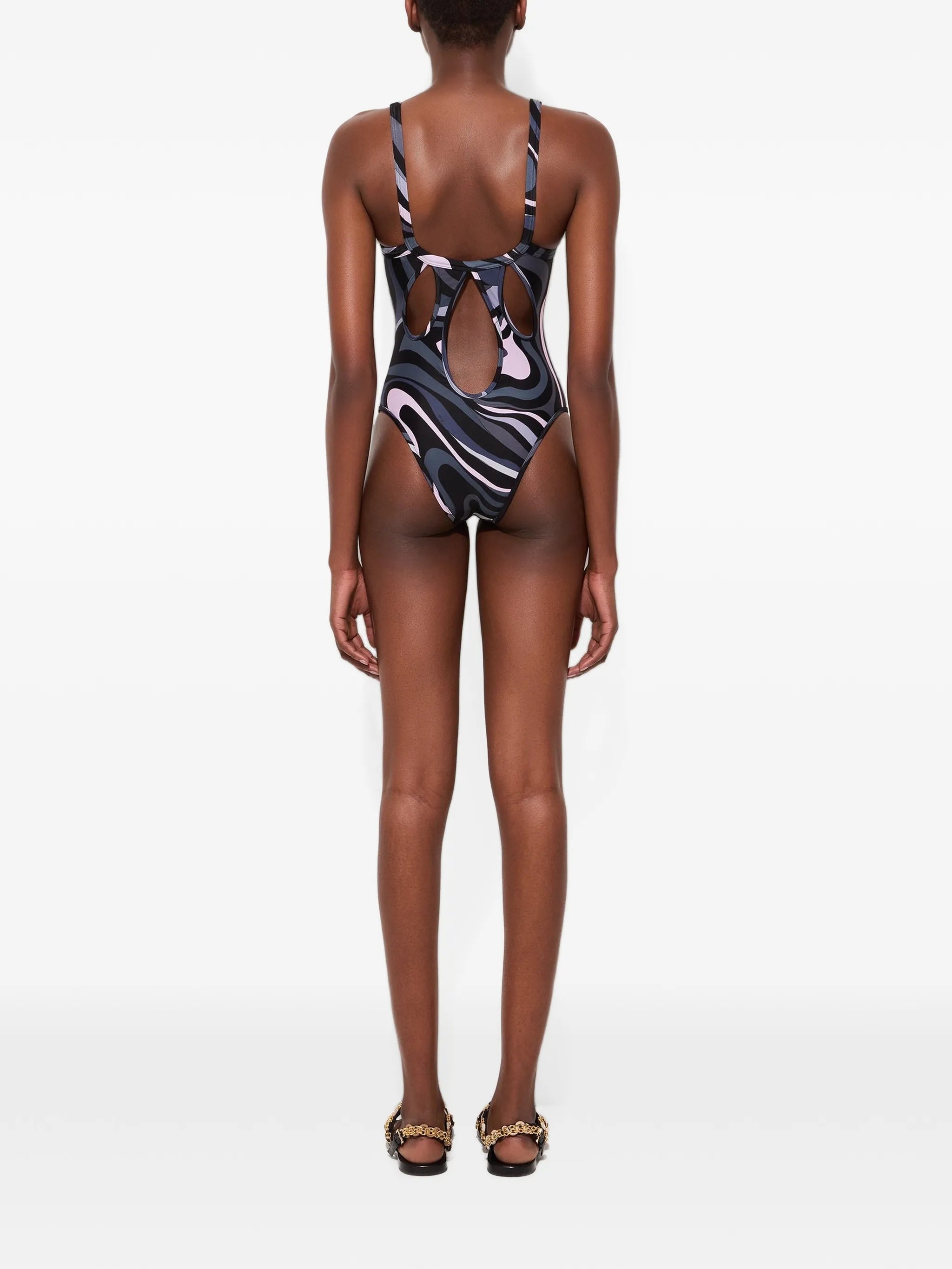 Marmo-print square-neck swimsuit