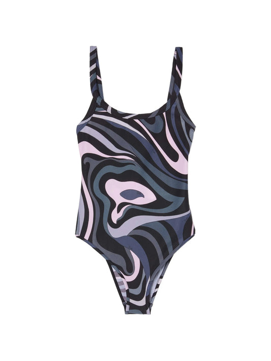 Marmo-print square-neck swimsuit