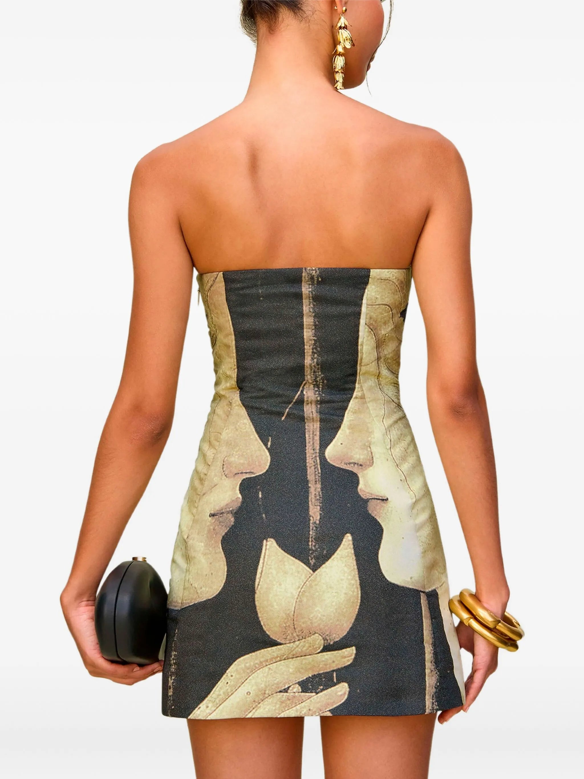 portrait-print strapless mini dress