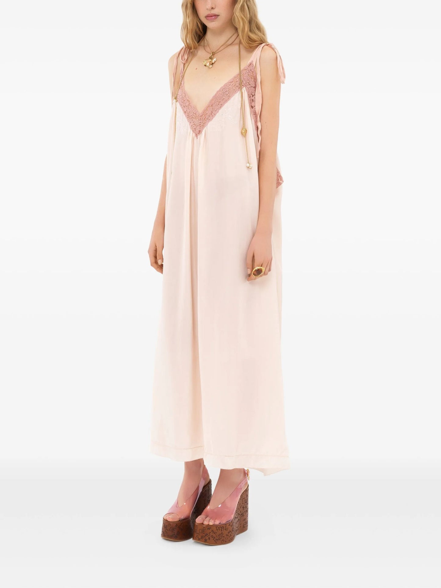 silk habotai lace-trim maxi dress