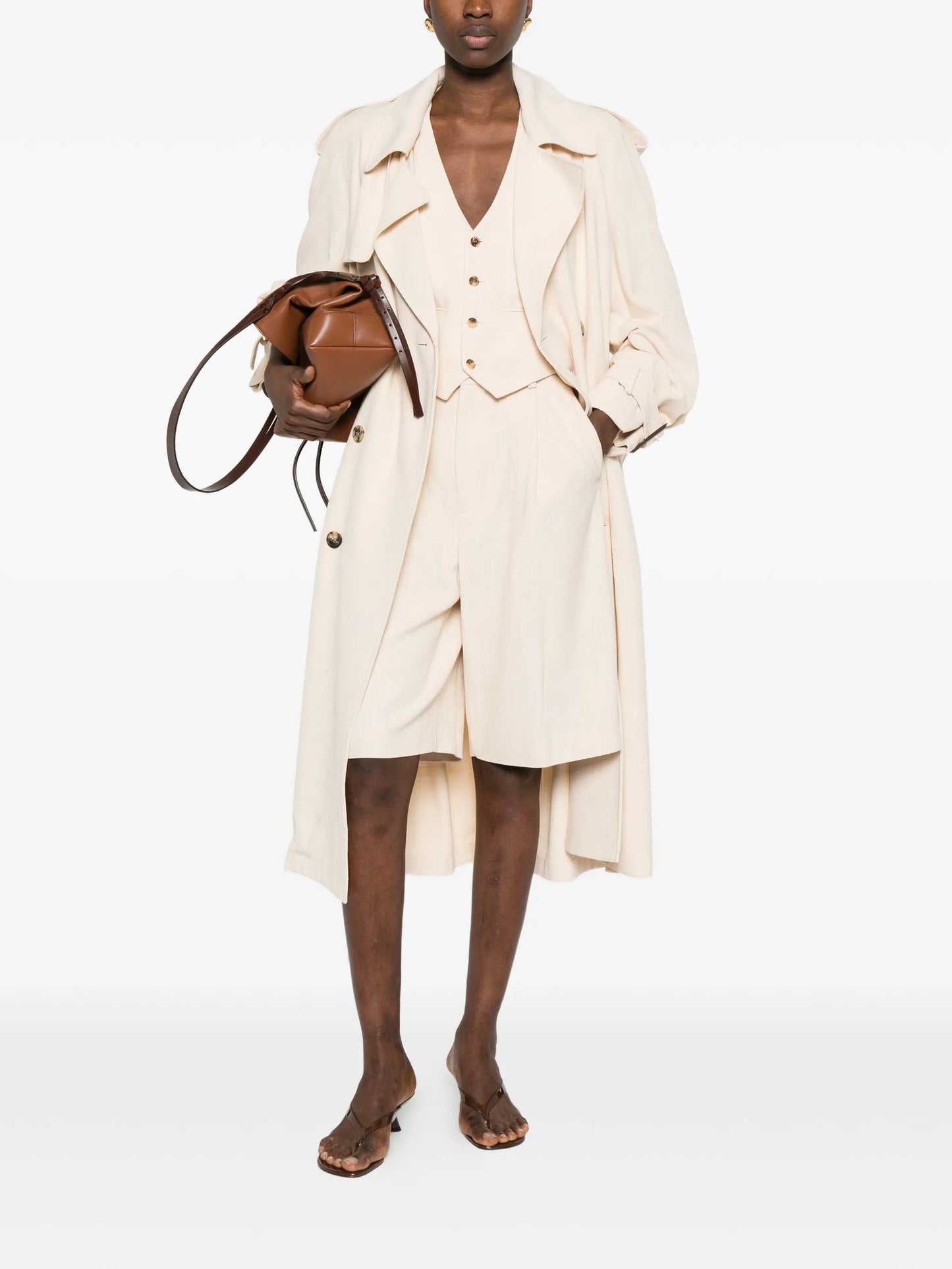 buttoned belted trench coat