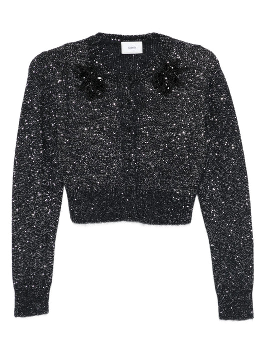 floral-appliqué sequined cardigan