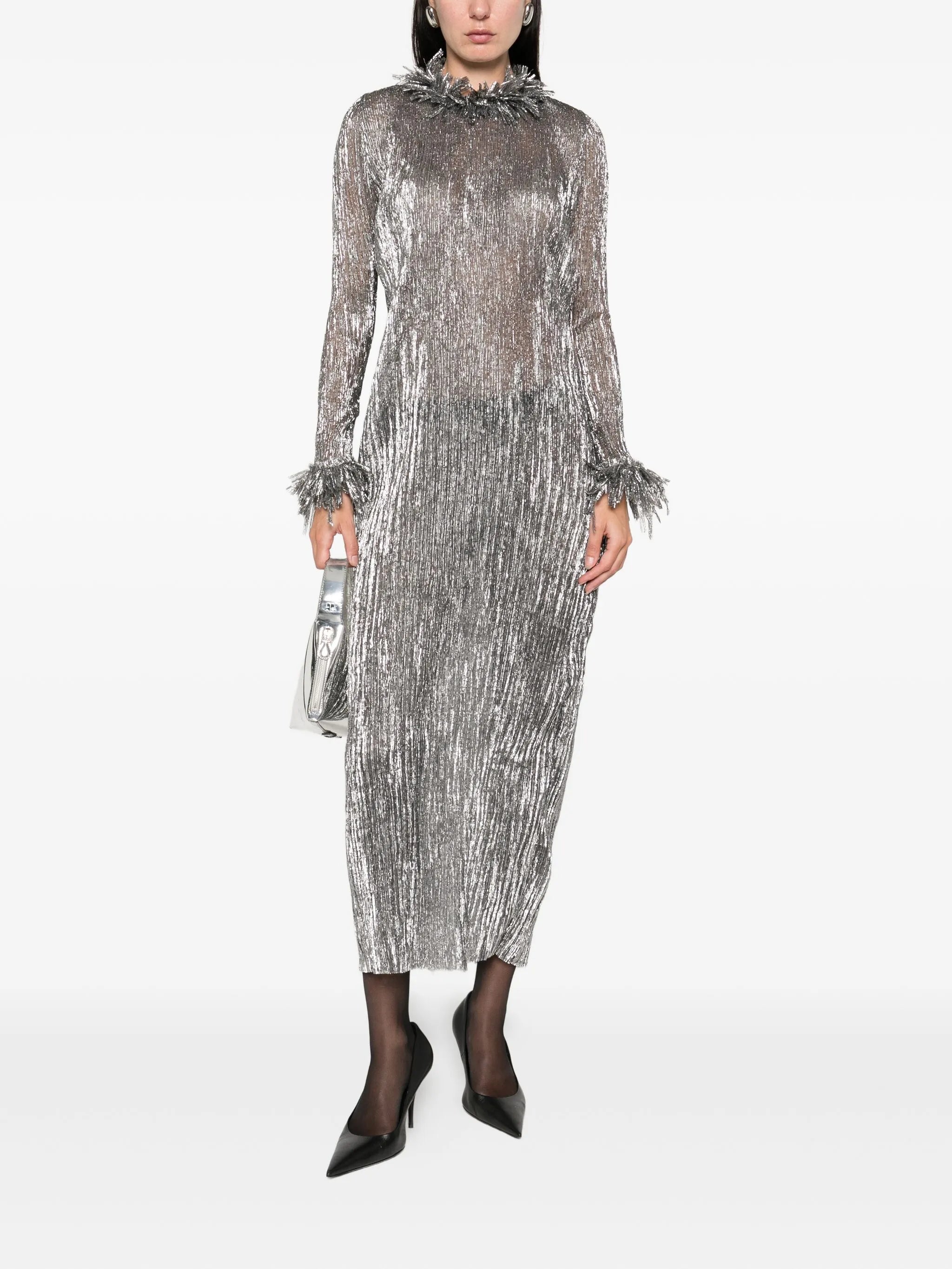 fringe-plissé midi dress
