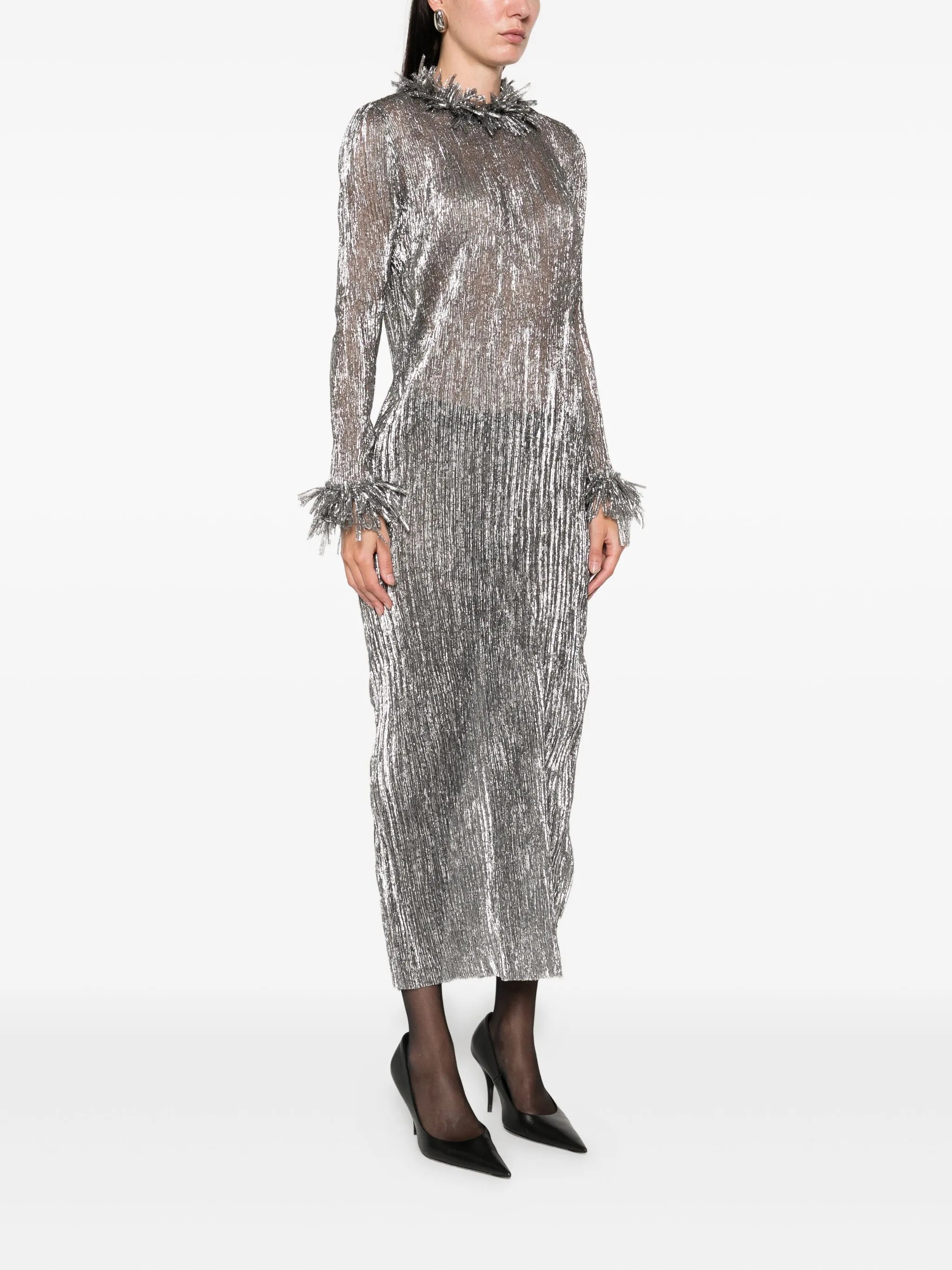 fringe-plissé midi dress