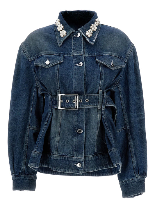 pearl-embellished belted denim jacket