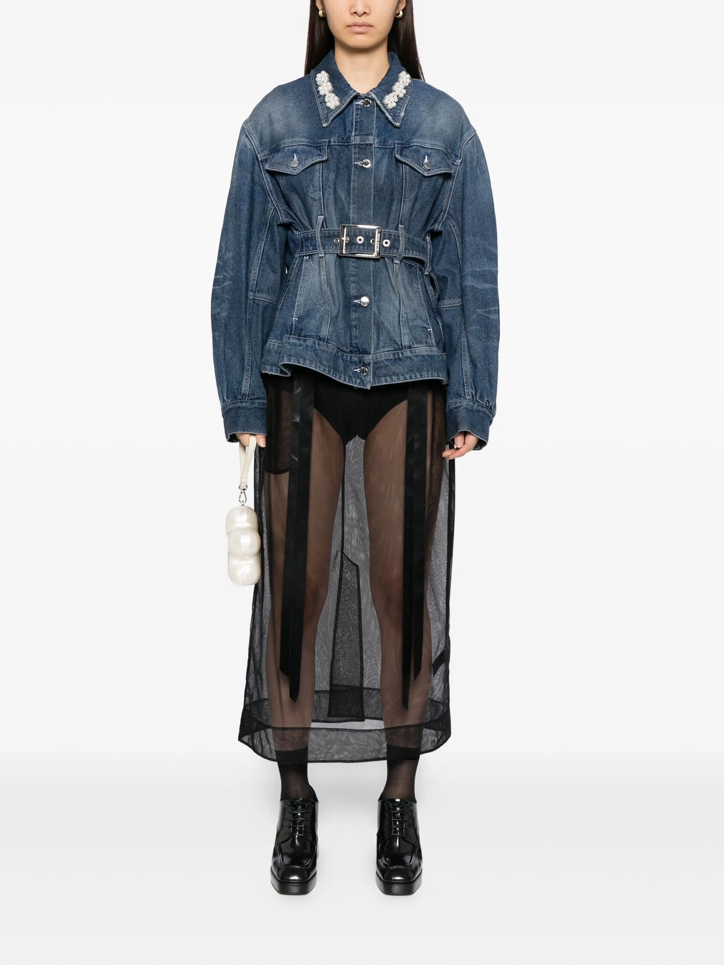 pearl-embellished belted denim jacket