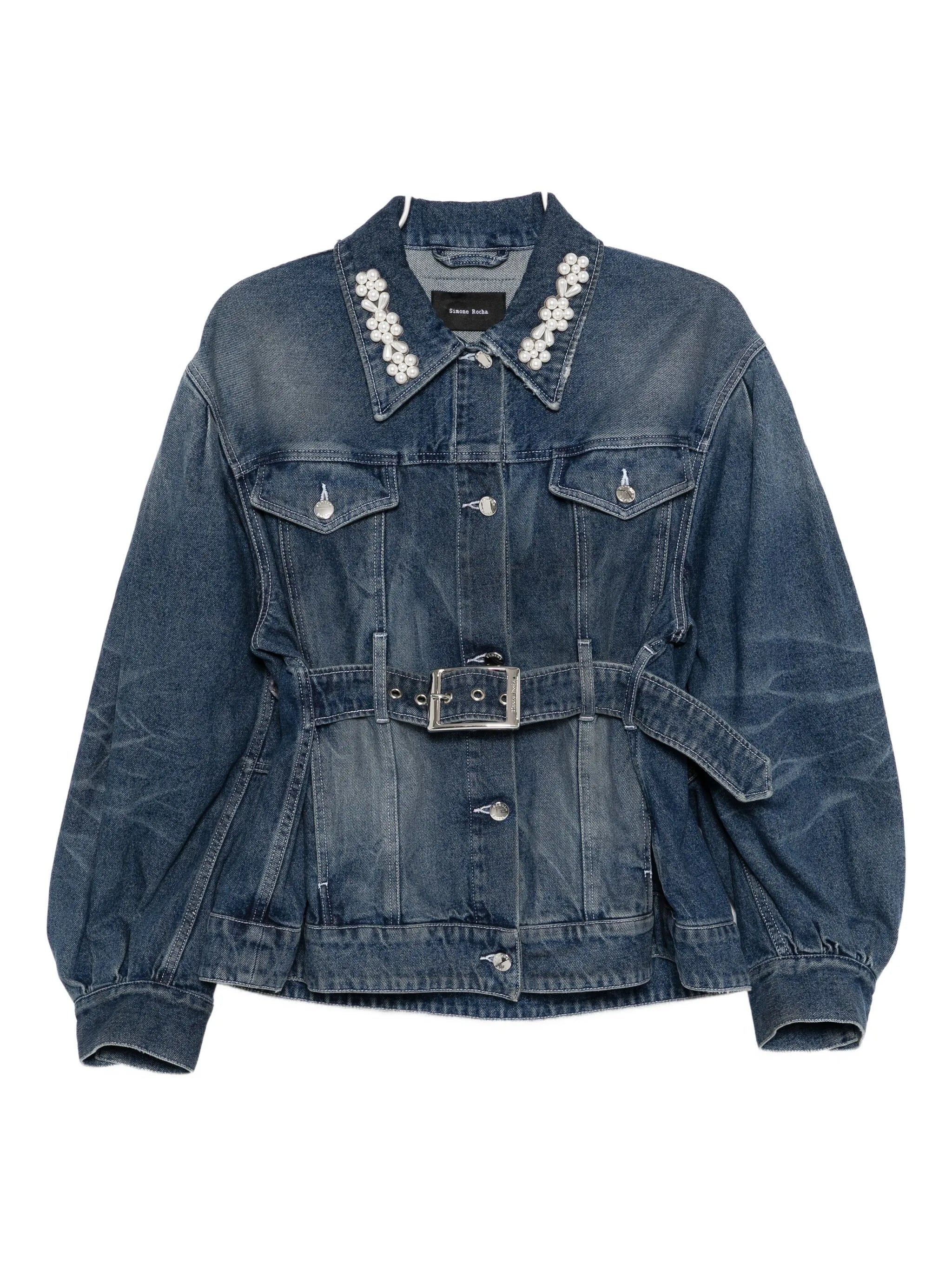 pearl-embellished belted denim jacket