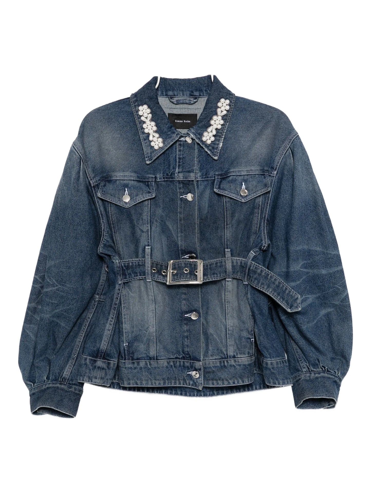 pearl-embellished belted denim jacket