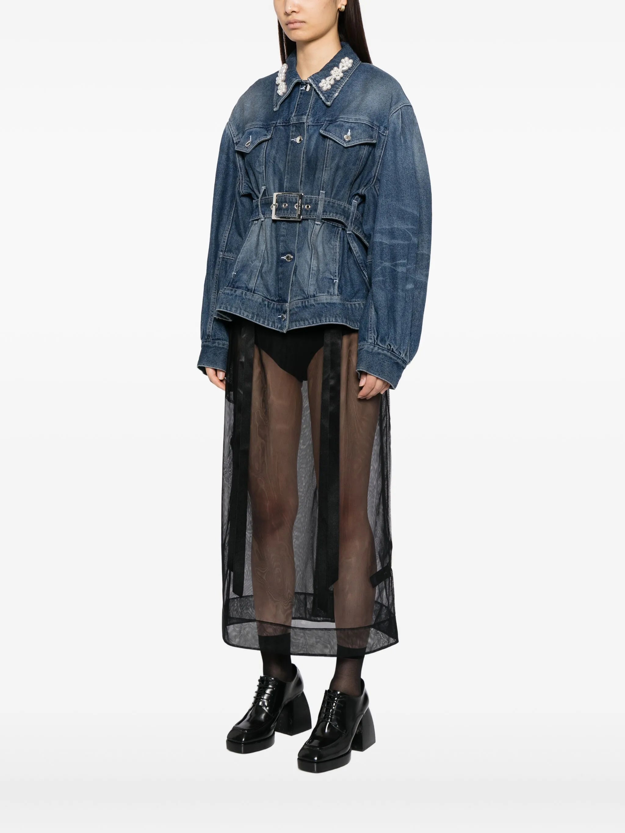 pearl-embellished belted denim jacket