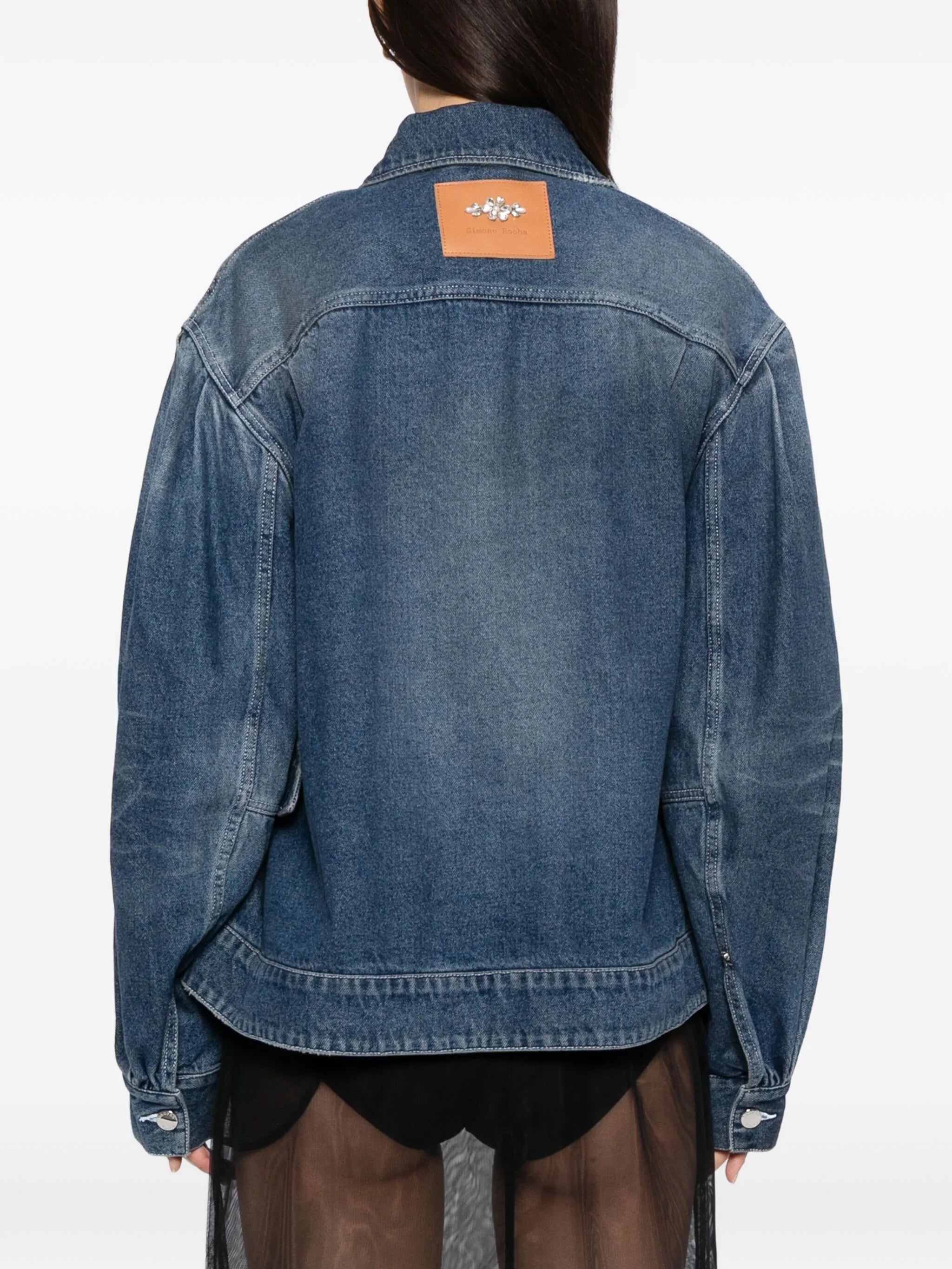 pearl-embellished belted denim jacket