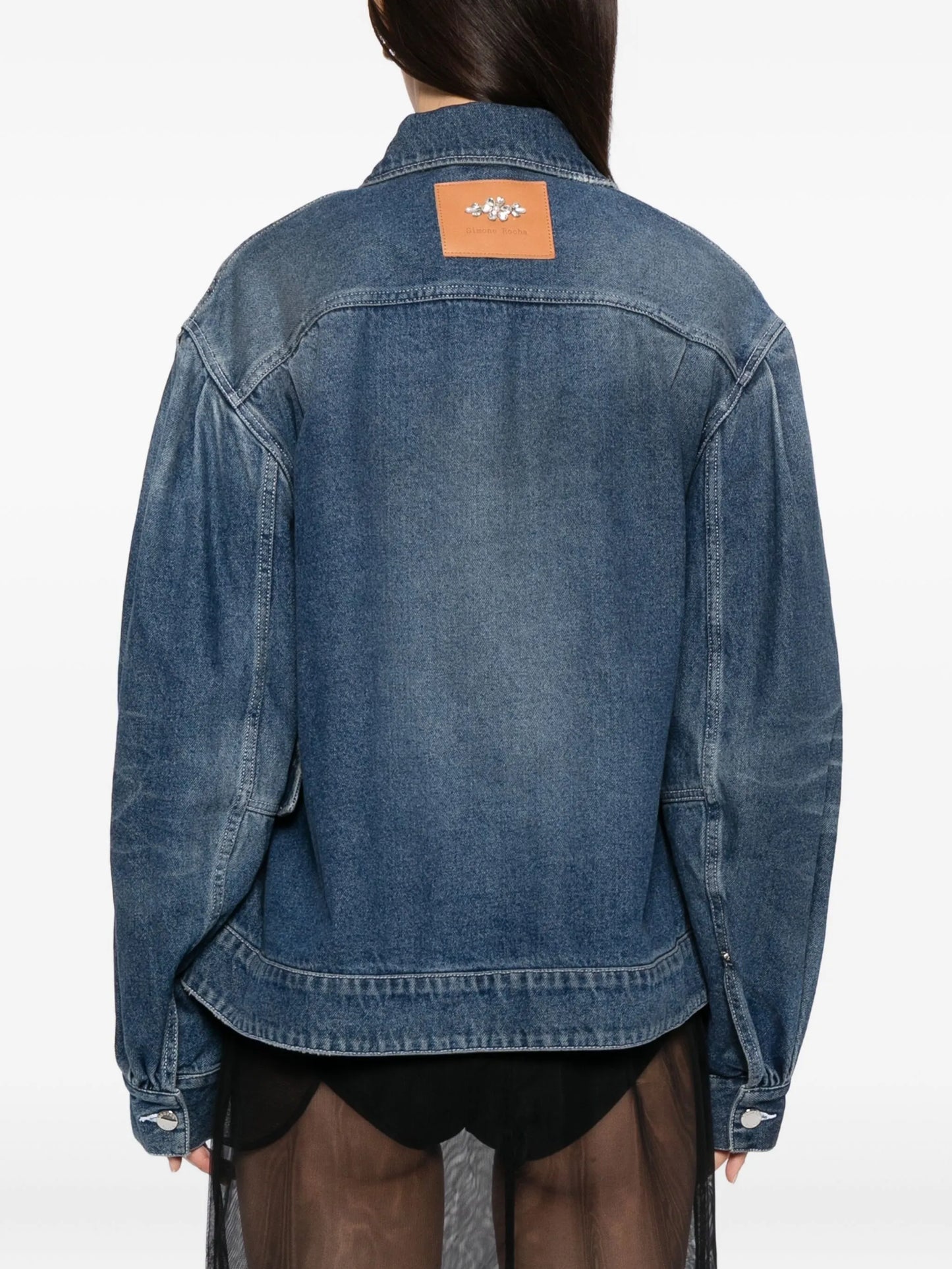 pearl-embellished belted denim jacket