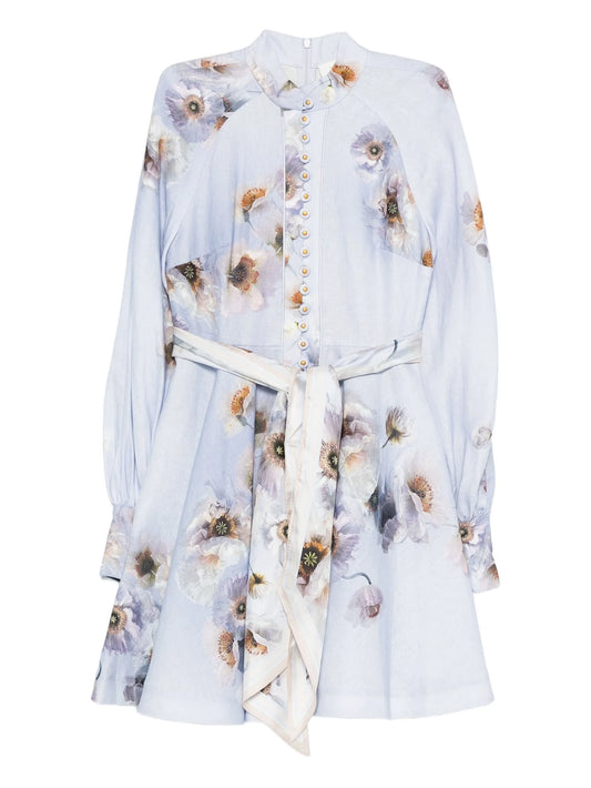 floral-print linen mini dress