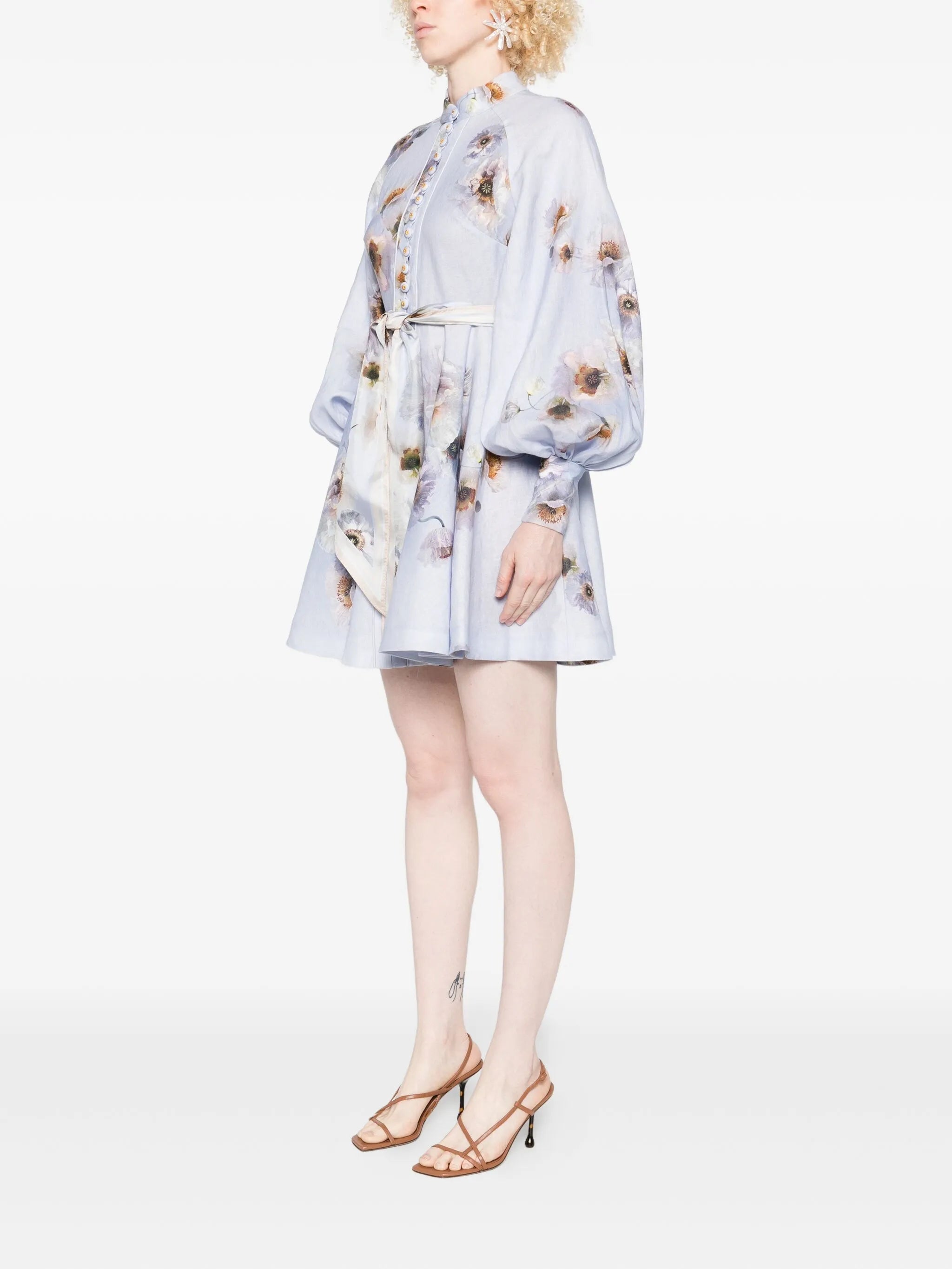 floral-print linen mini dress