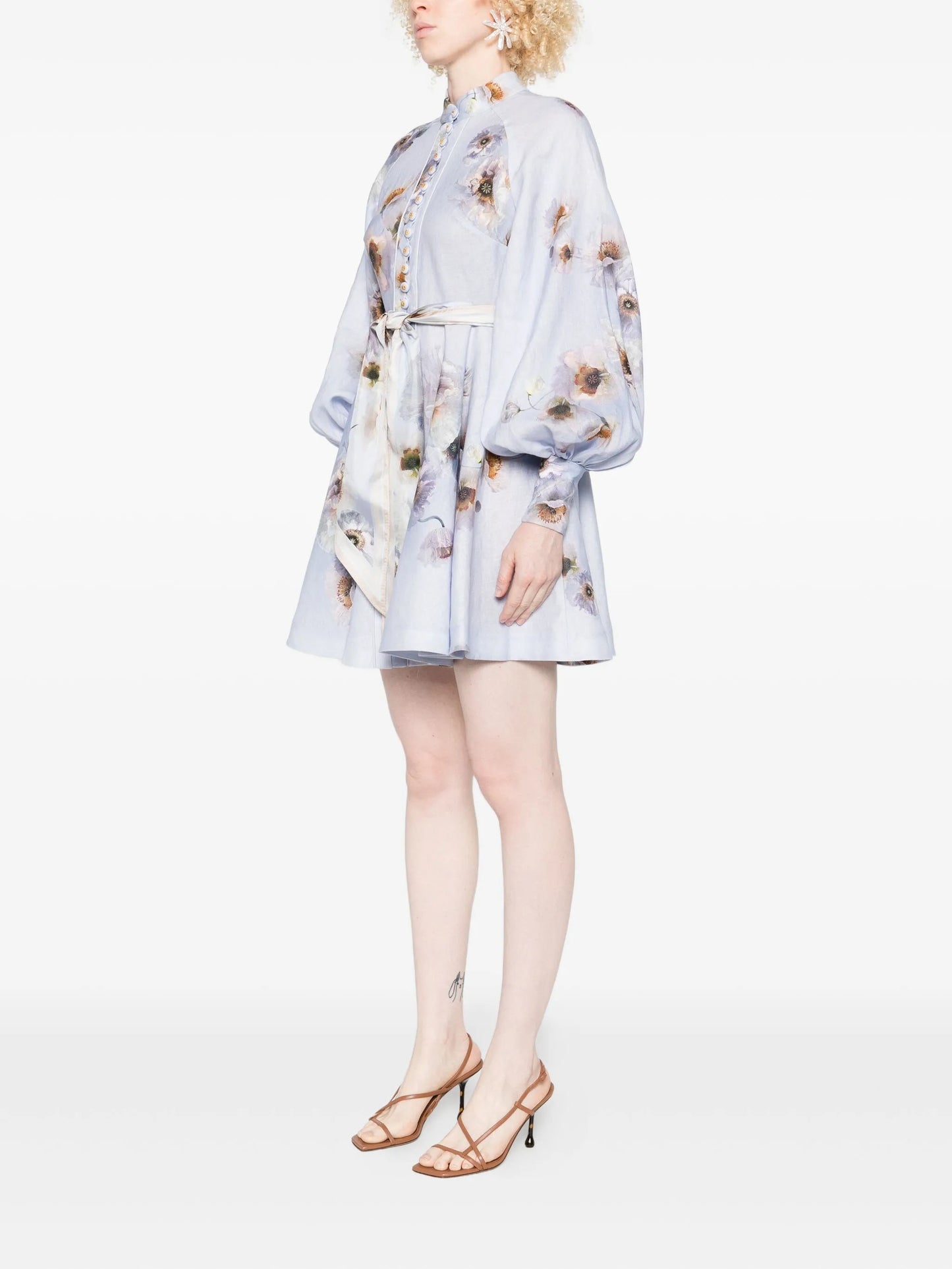 floral-print linen mini dress