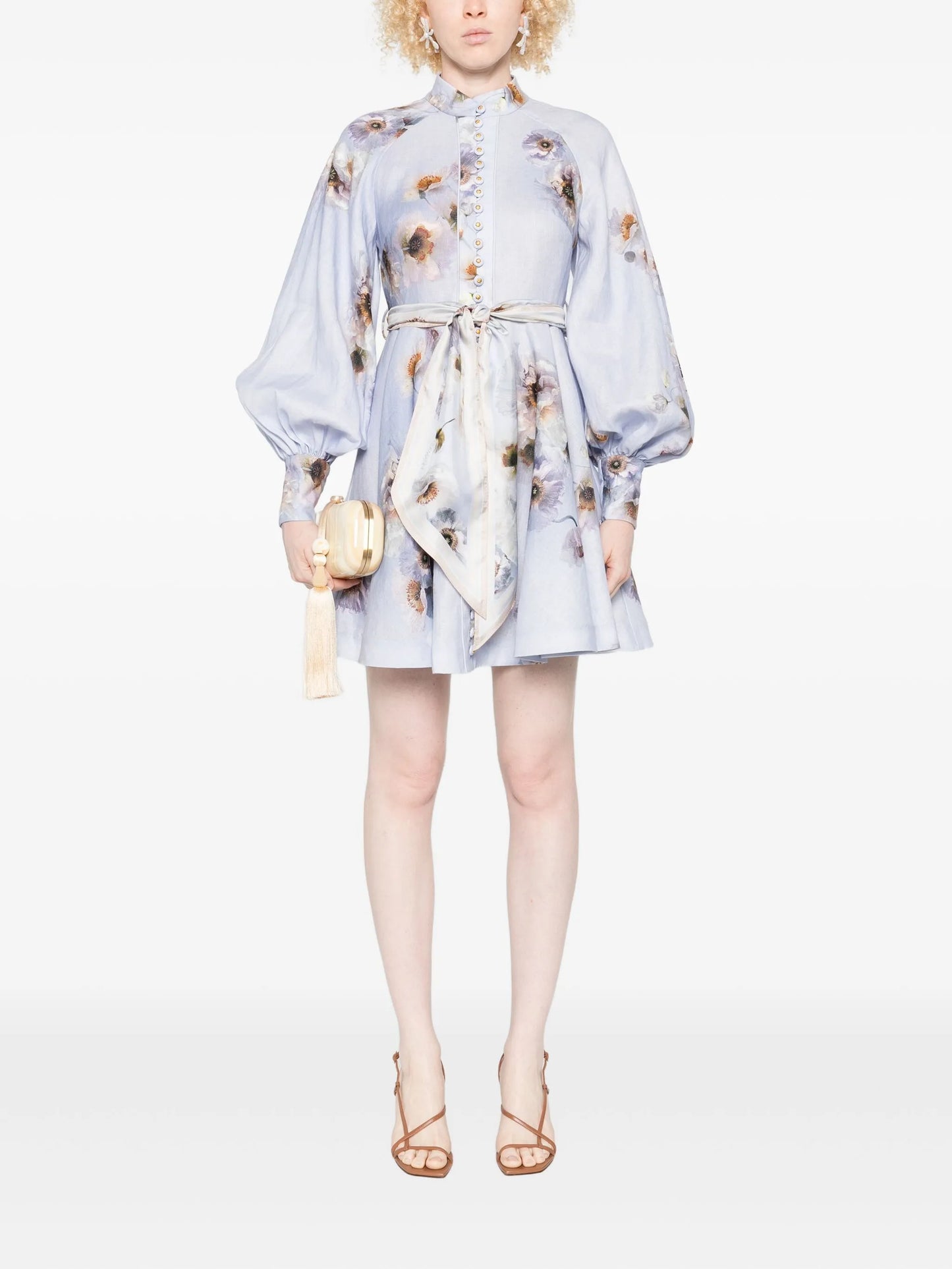 floral-print linen mini dress