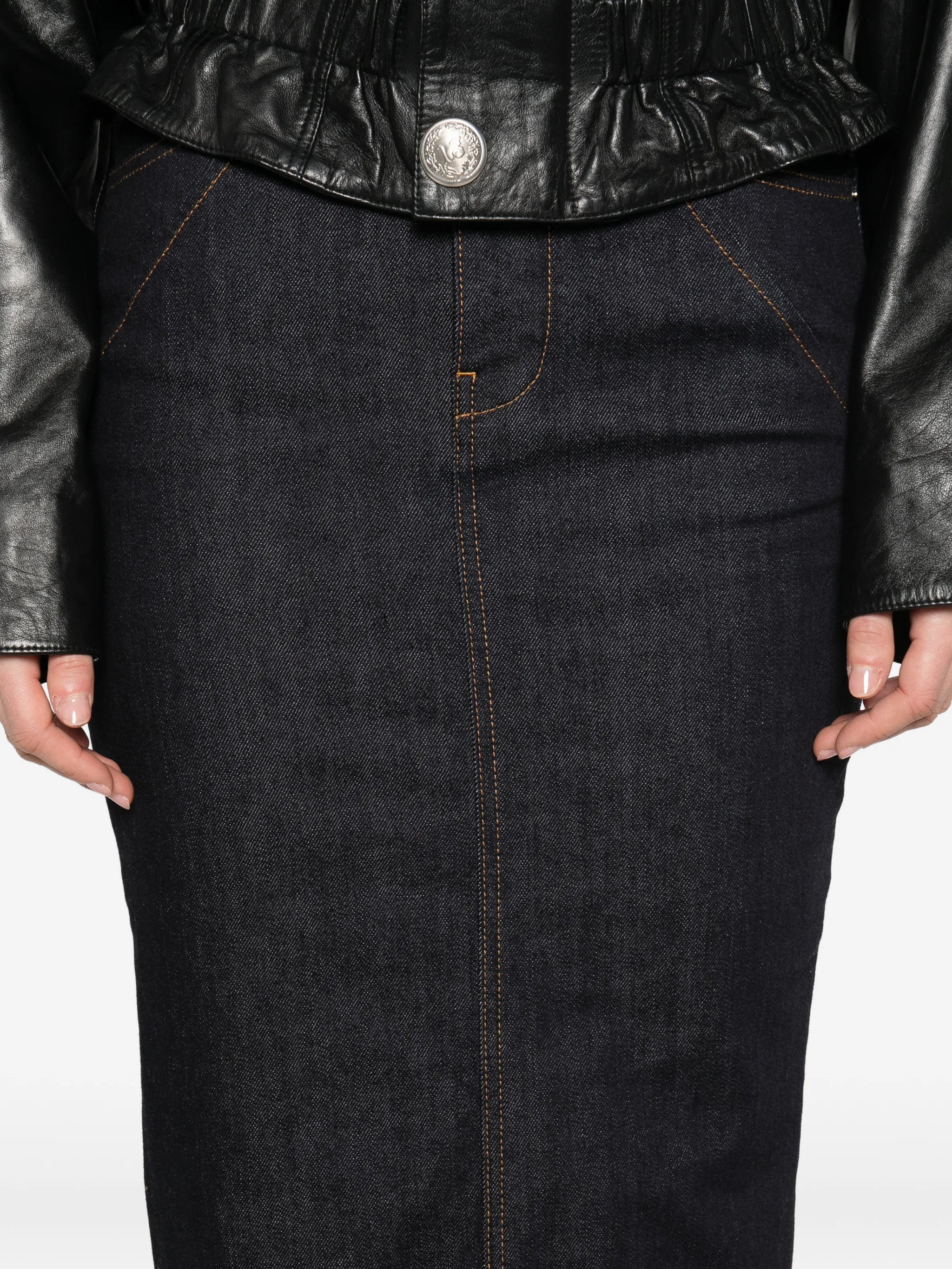 midi kickback skirt in raw denim