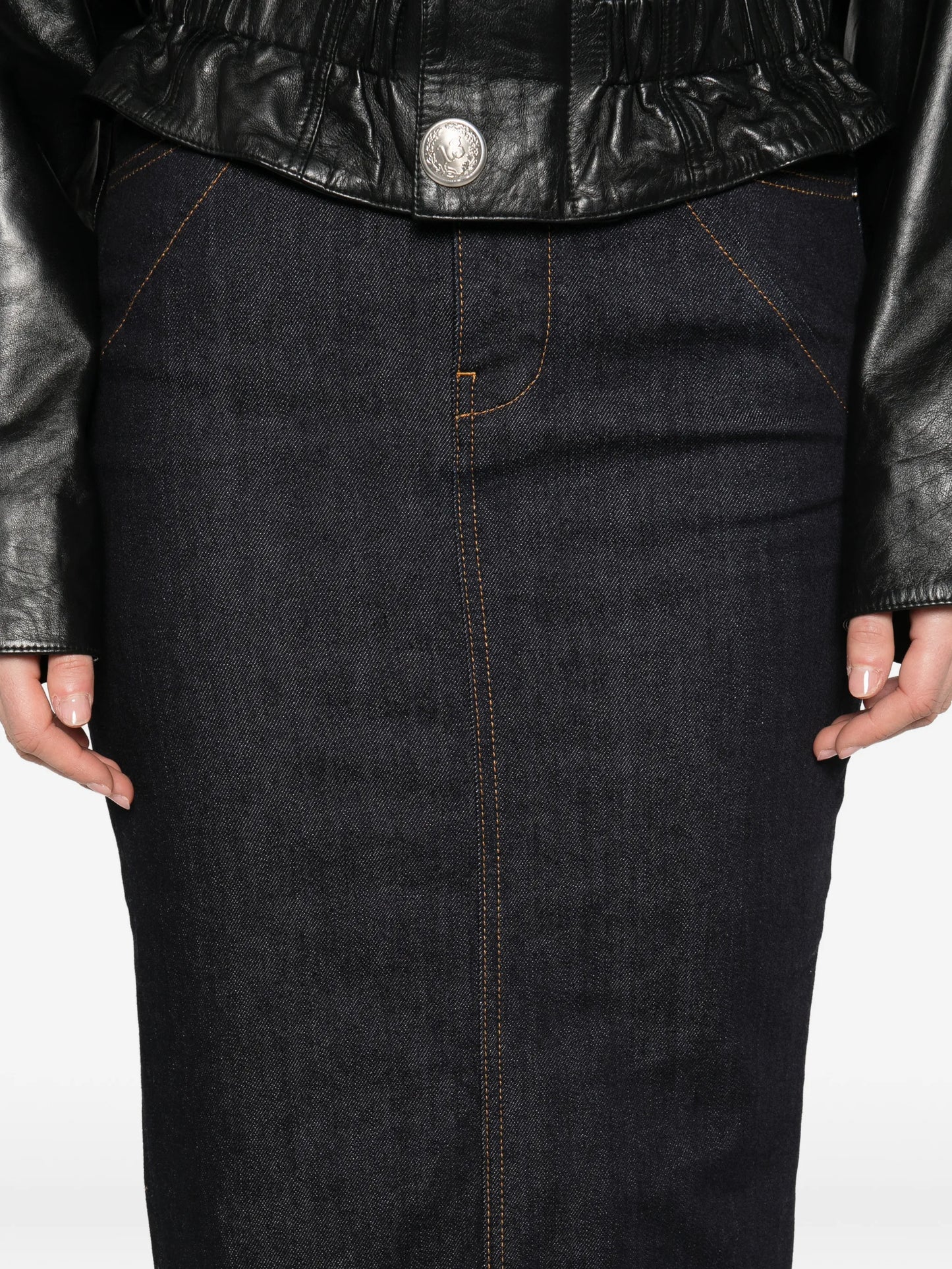 midi kickback skirt in raw denim