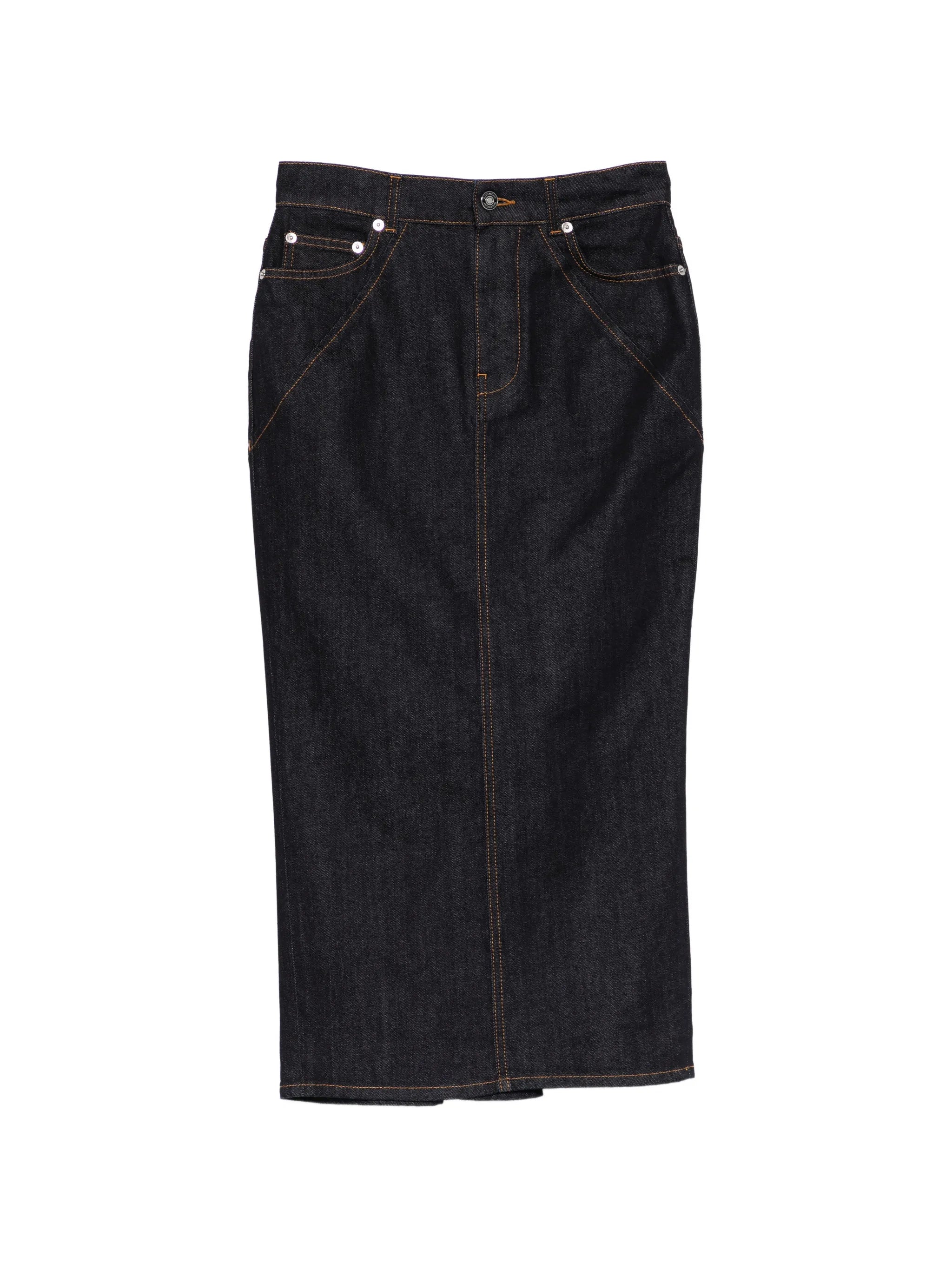 midi kickback skirt in raw denim