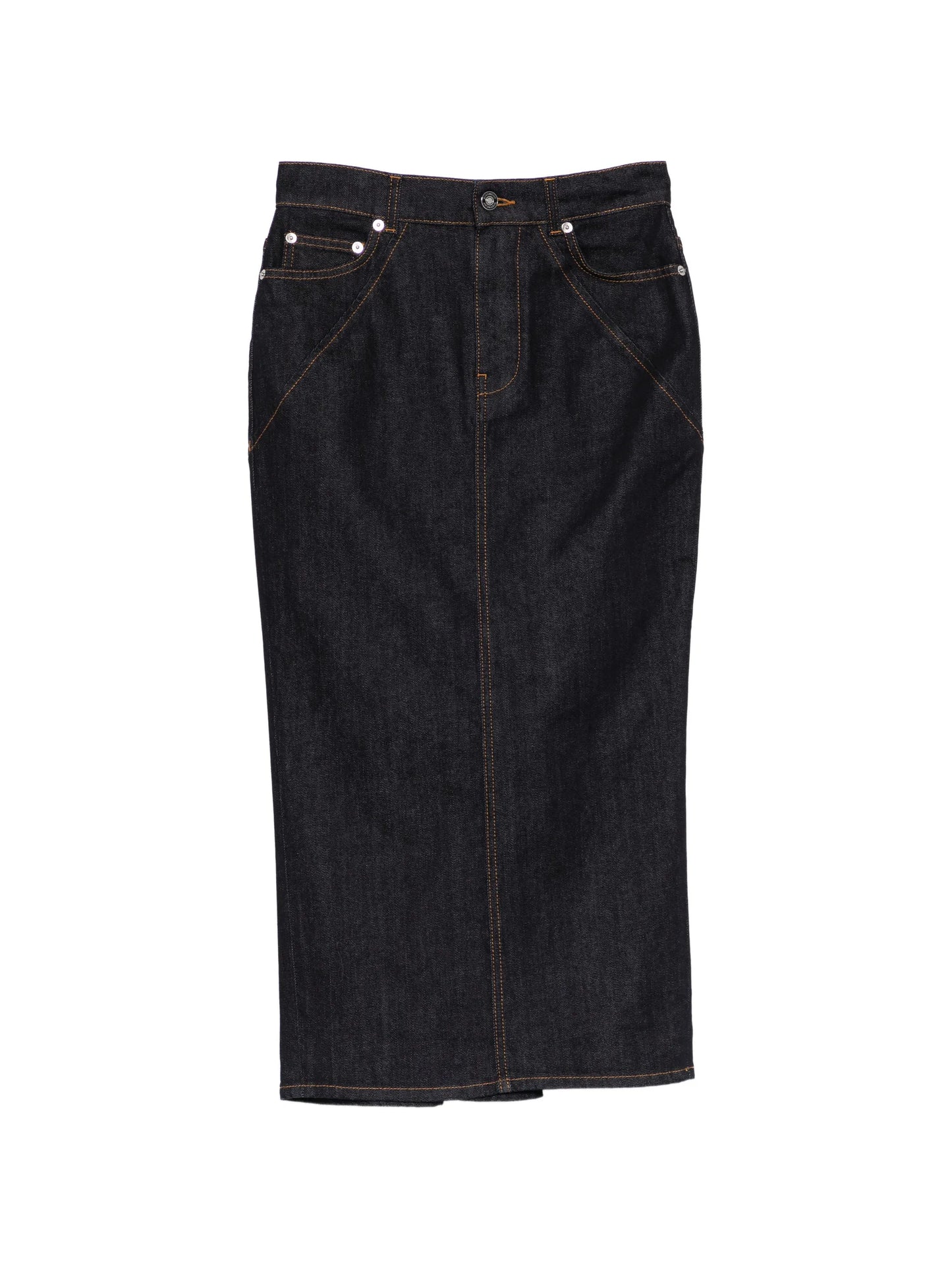 midi kickback skirt in raw denim