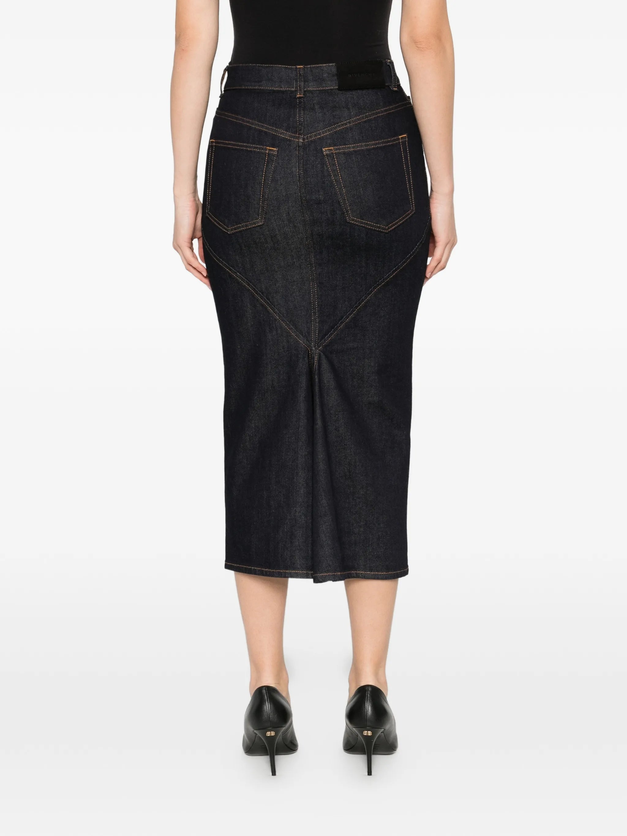 midi kickback skirt in raw denim