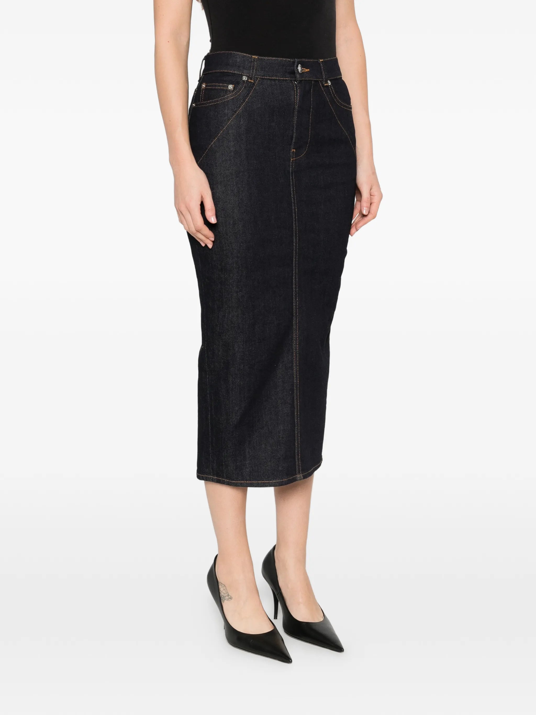 midi kickback skirt in raw denim