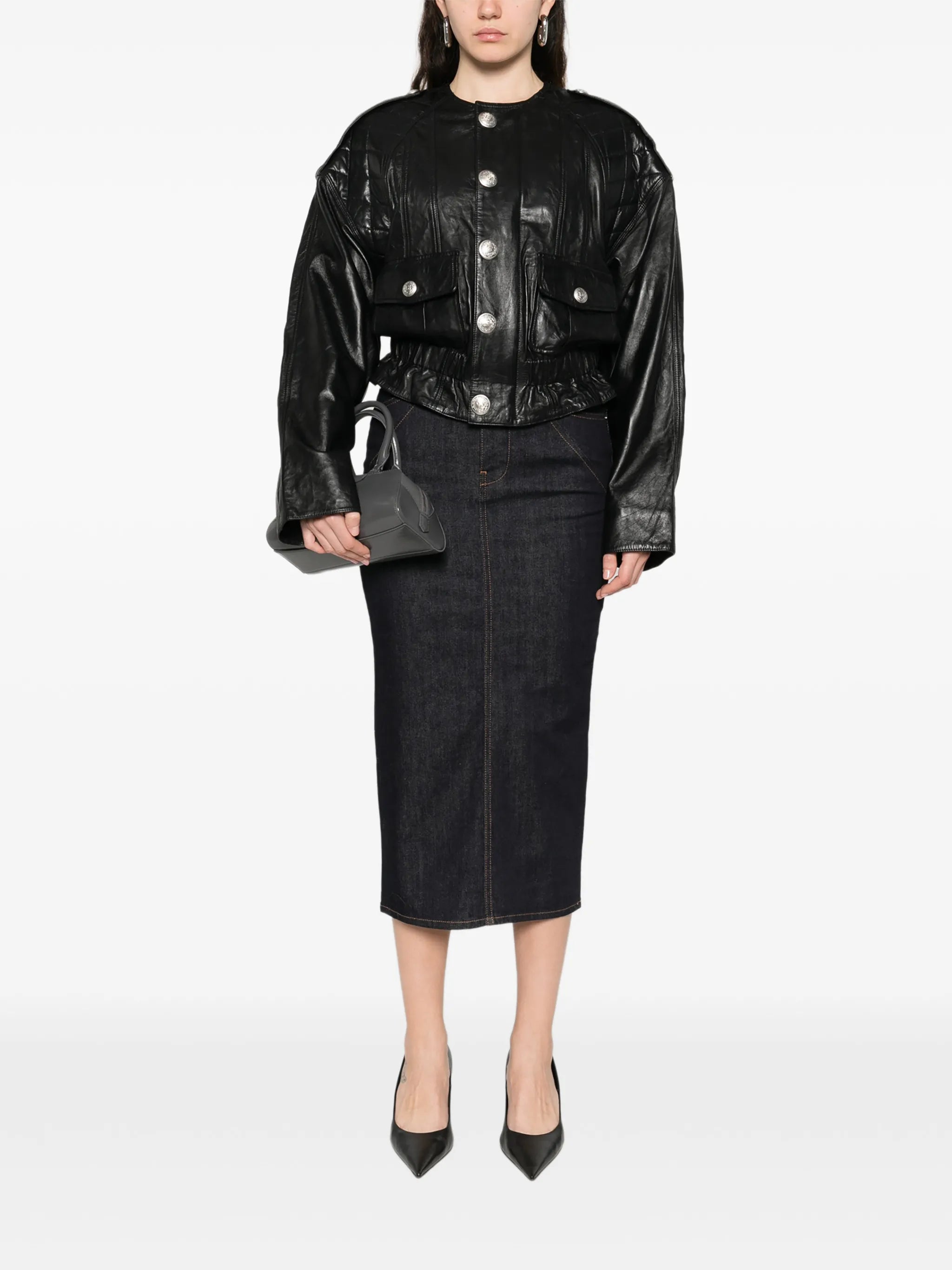 midi kickback skirt in raw denim