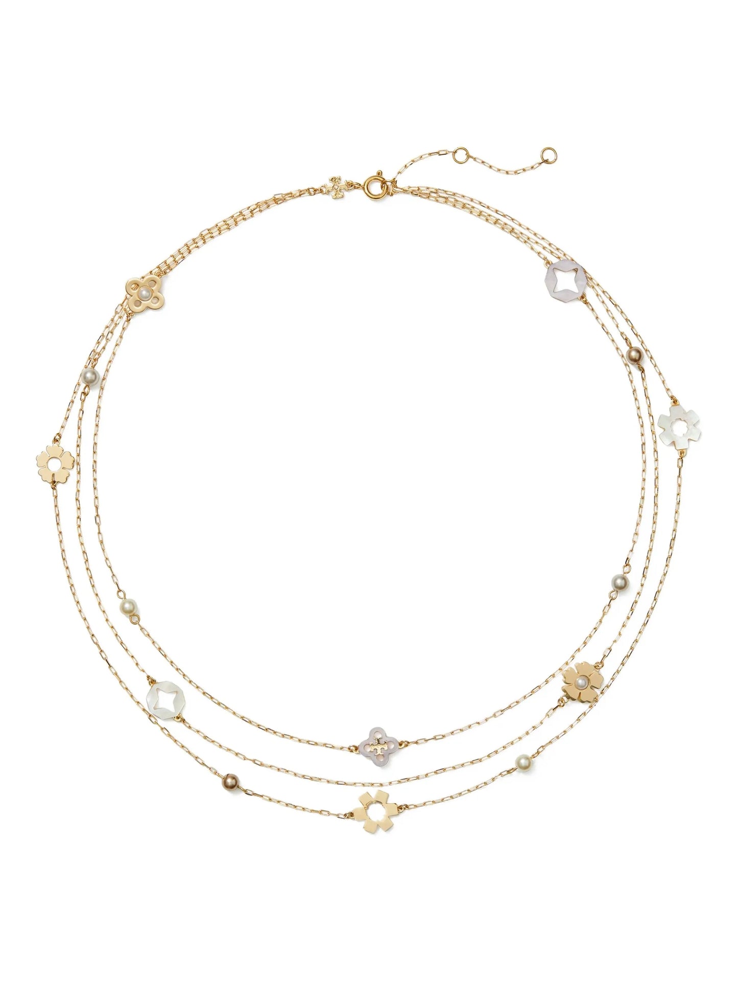 triple-strand flower-charm necklace