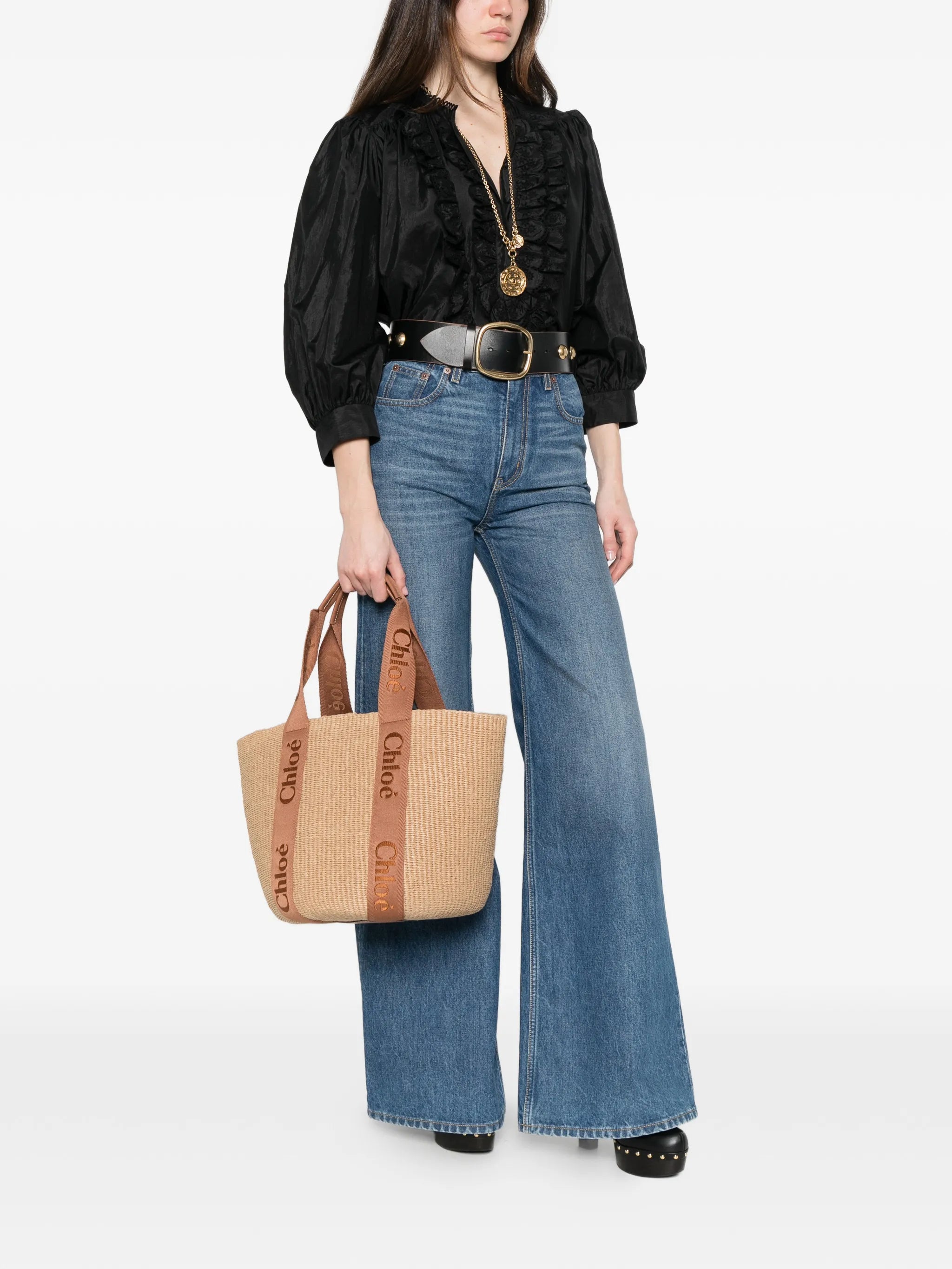 Large Woody raffia logo tote bag