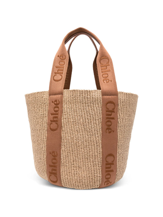 Large Woody raffia logo tote bag