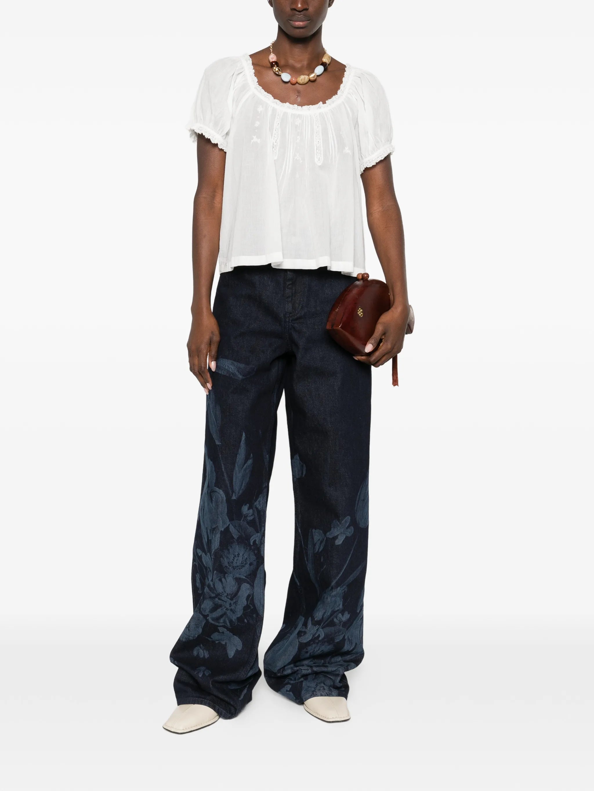 lace-detail scoop-neck blouse