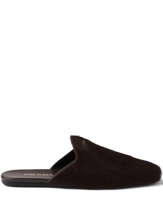 logo-plaque hair-calf mules