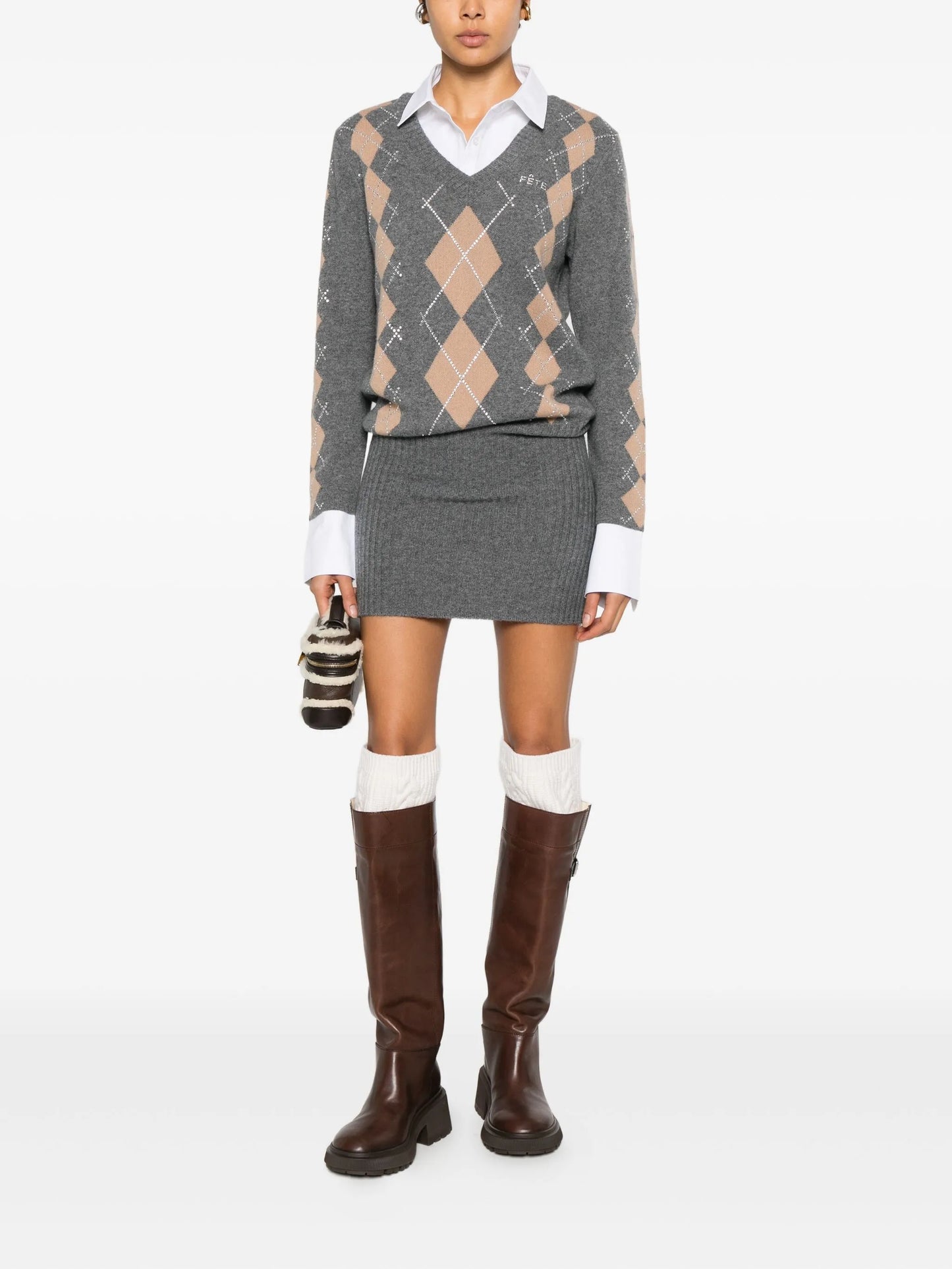 Ornella argyle-pattern embellished mini dress