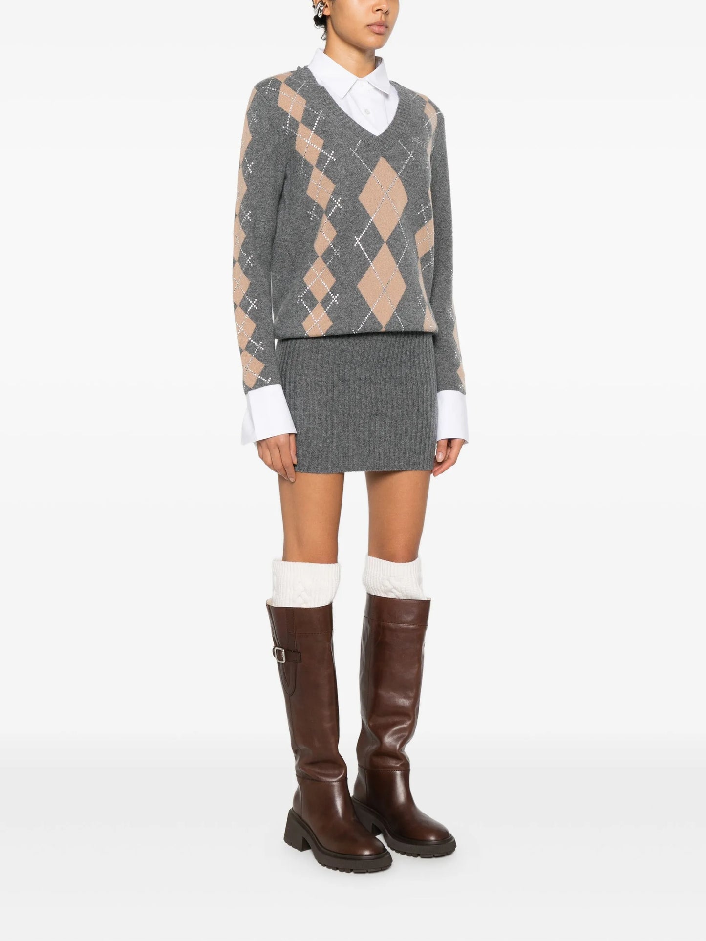 Ornella argyle-pattern embellished mini dress