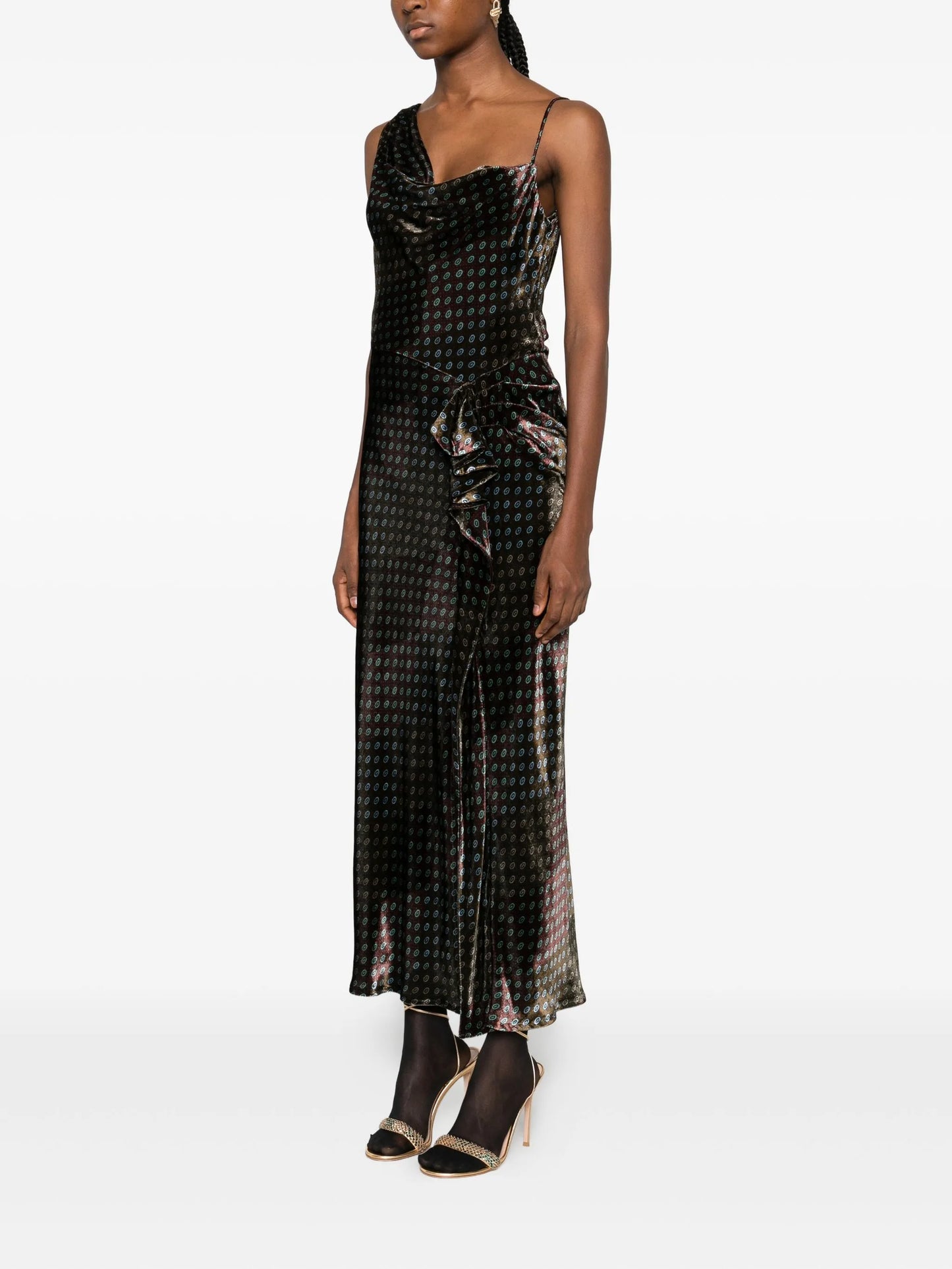 one-shoulder velvet-effect dress
