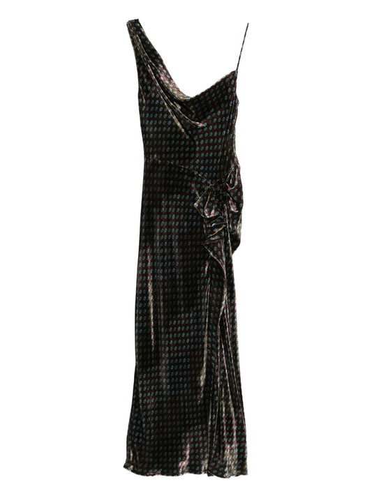 one-shoulder velvet-effect dress