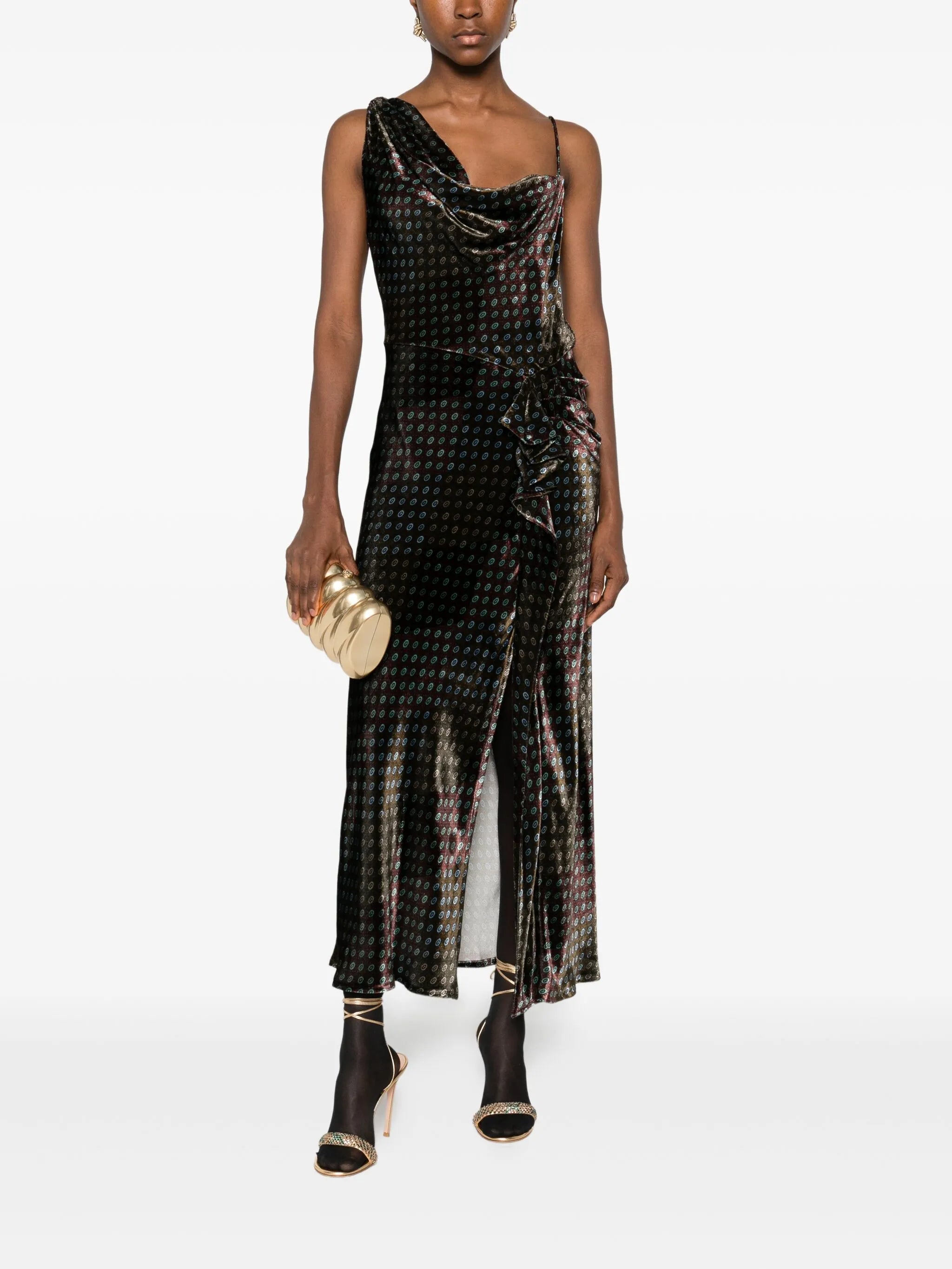 one-shoulder velvet-effect dress