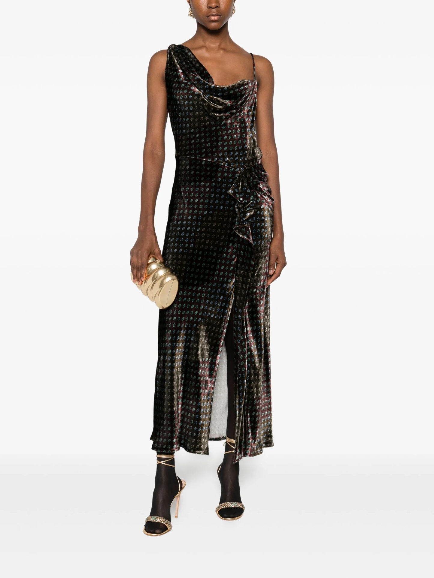 one-shoulder velvet-effect dress