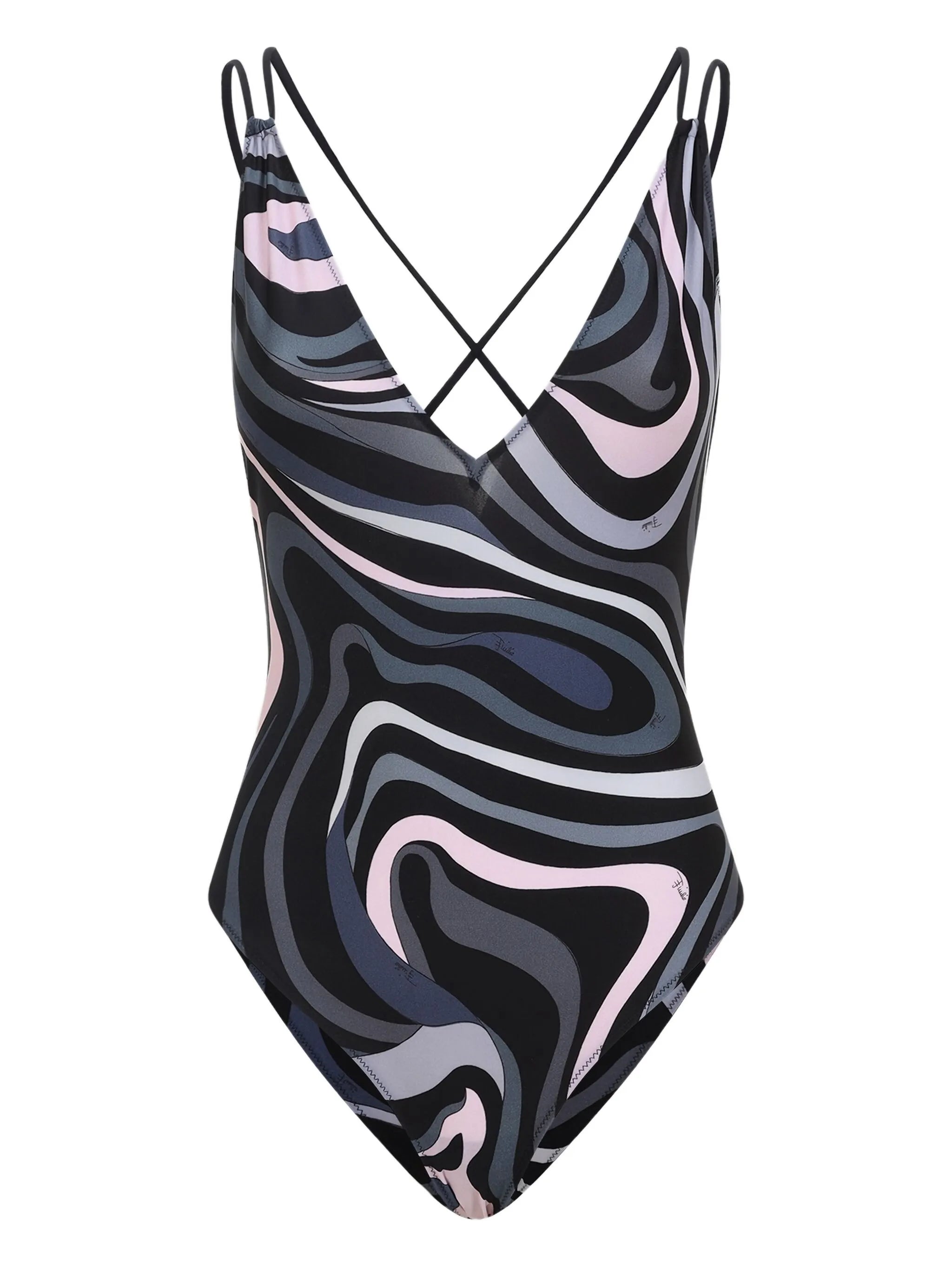 Marmo-print cross-back swirl swimsuit