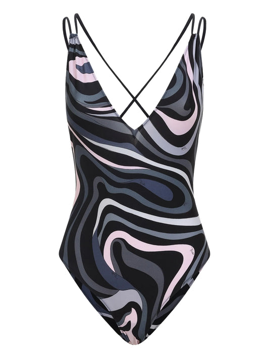 Marmo-print cross-back swirl swimsuit