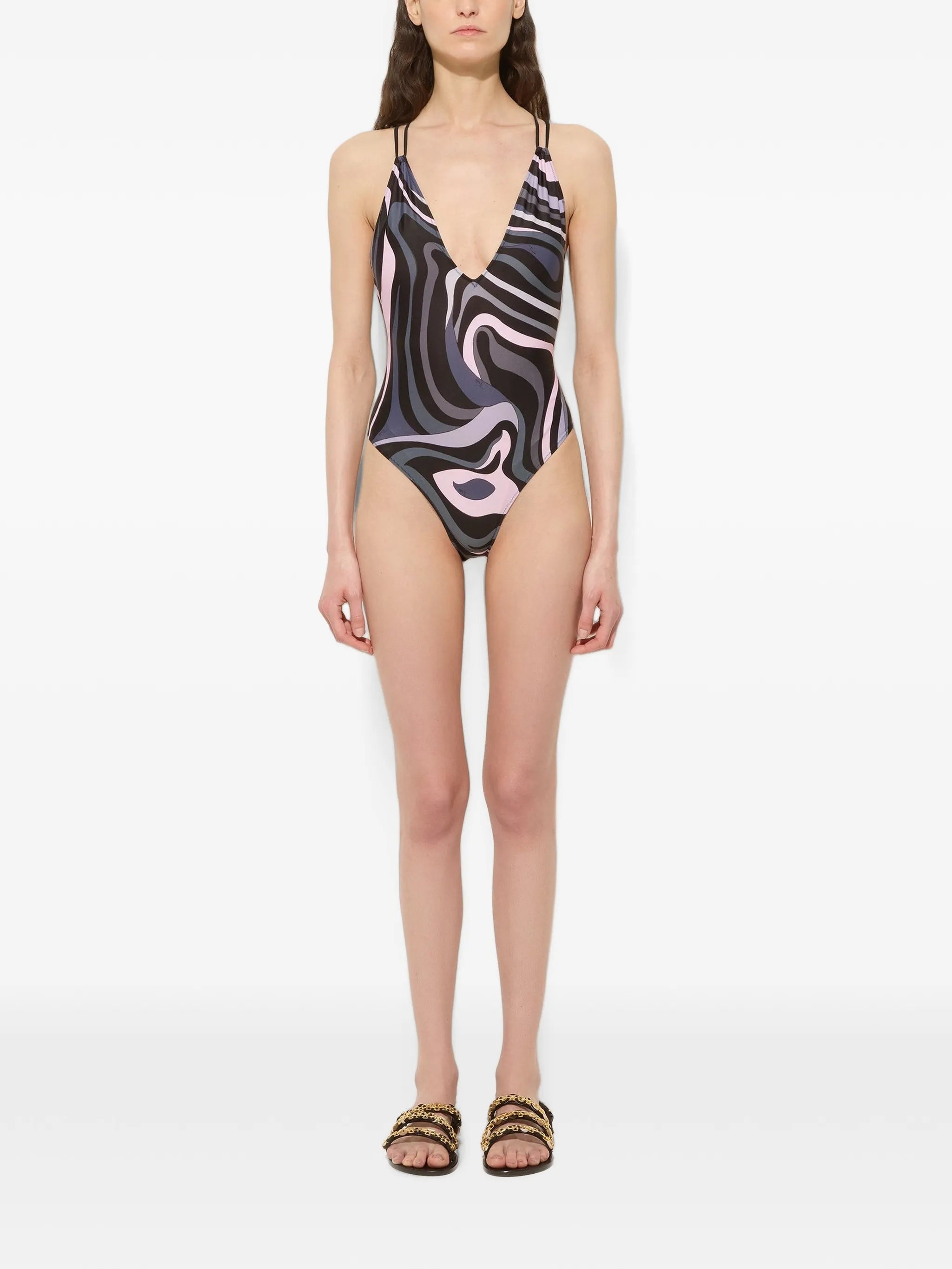 Marmo-print cross-back swirl swimsuit