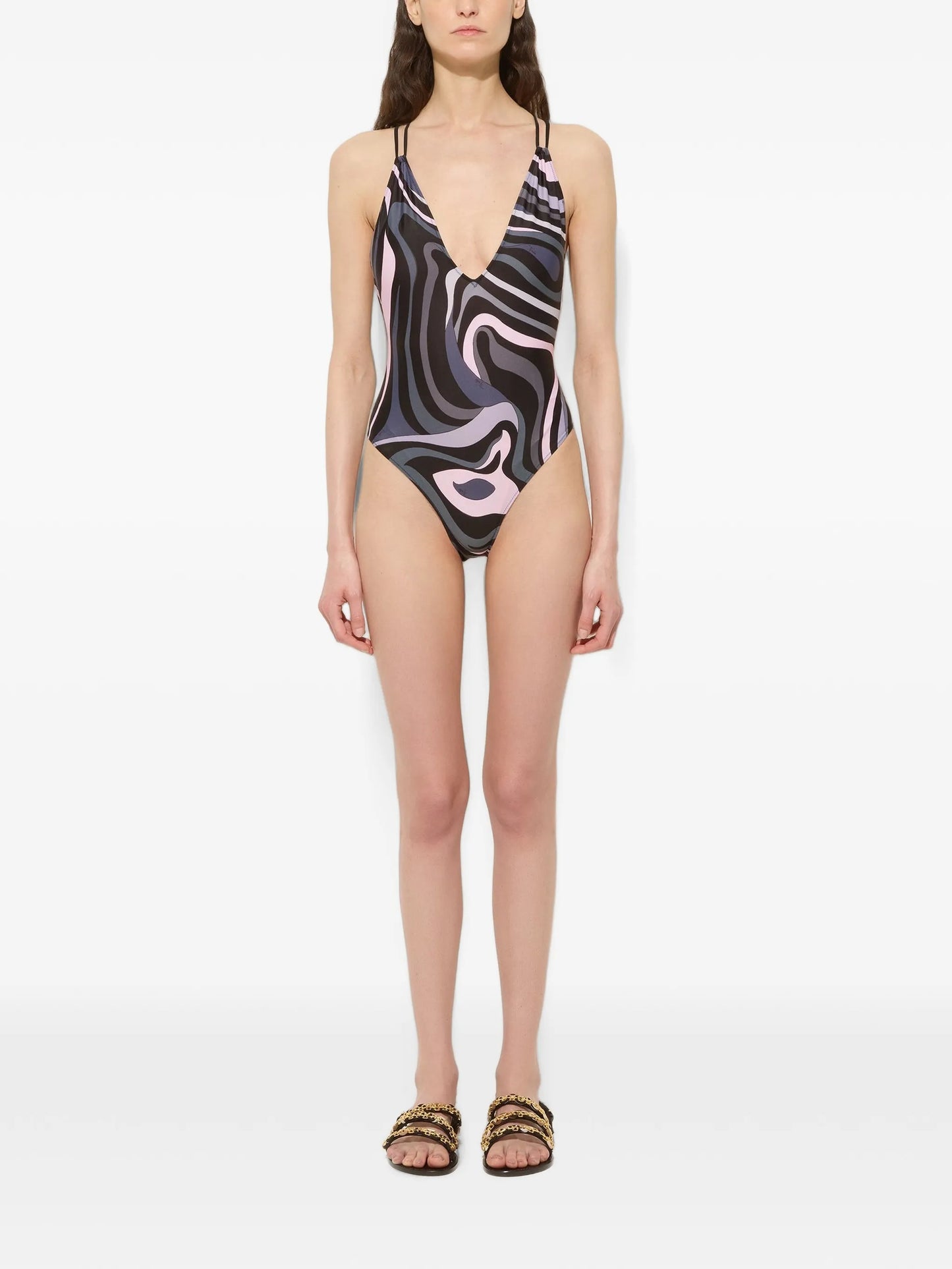 Marmo-print cross-back swirl swimsuit