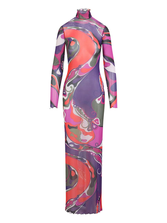 swirl-print turtleneck dress